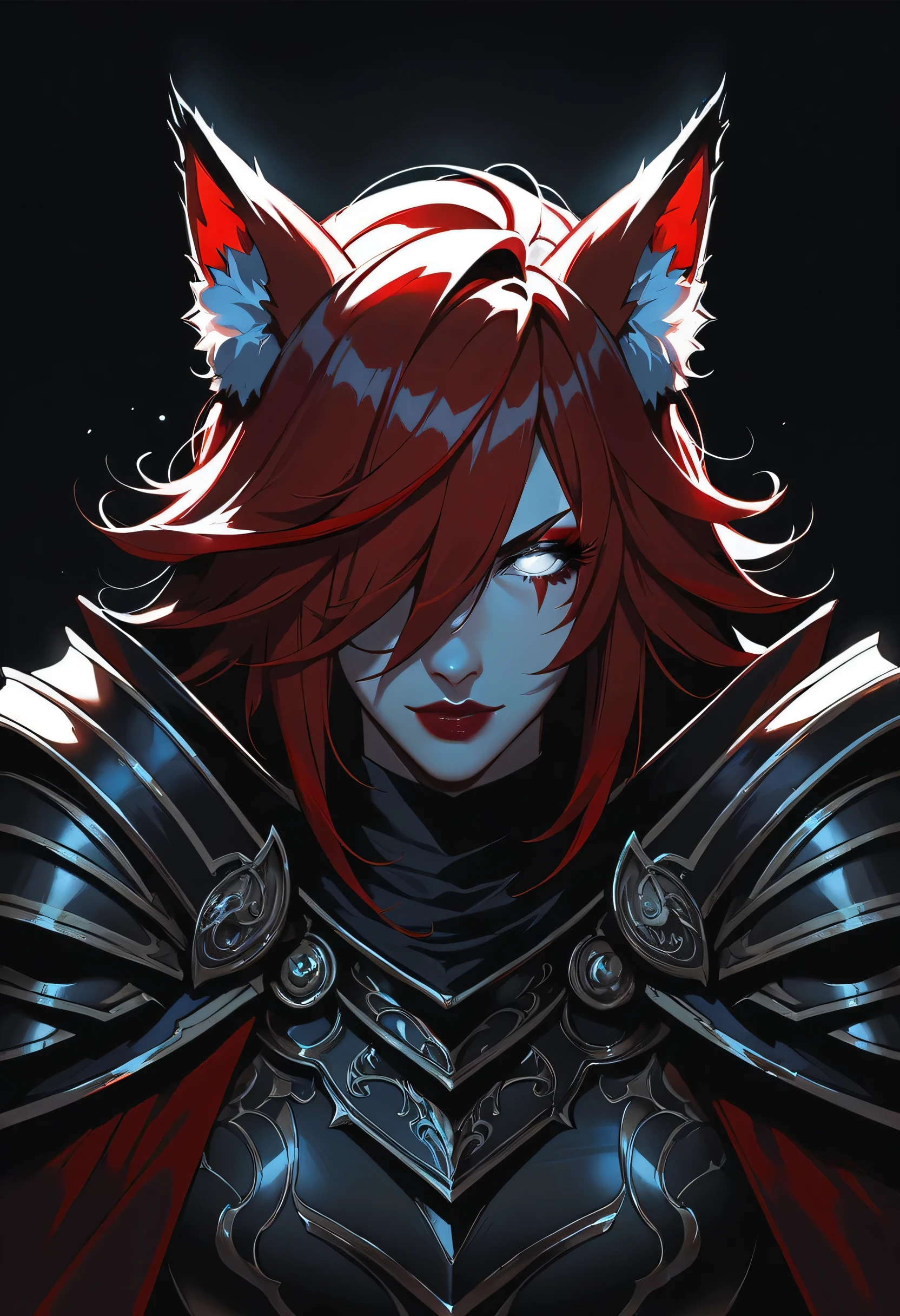 One woman, mature, anime character art, tall, sinister expression, blind eyes, white eyes, red eyeliner, sharp face, large fox ears, seven red fox tails,flowing red hair,hair over left eye, plain maroon armor, KNIGHT CRUSADER, fingerless gauntlets, medium pauldrons, black turtleneck undersuit, red long cloak, claws, facing center, close-up, dark colors, dark lighting, dark background, zPDXL3, dark theme, low light.
