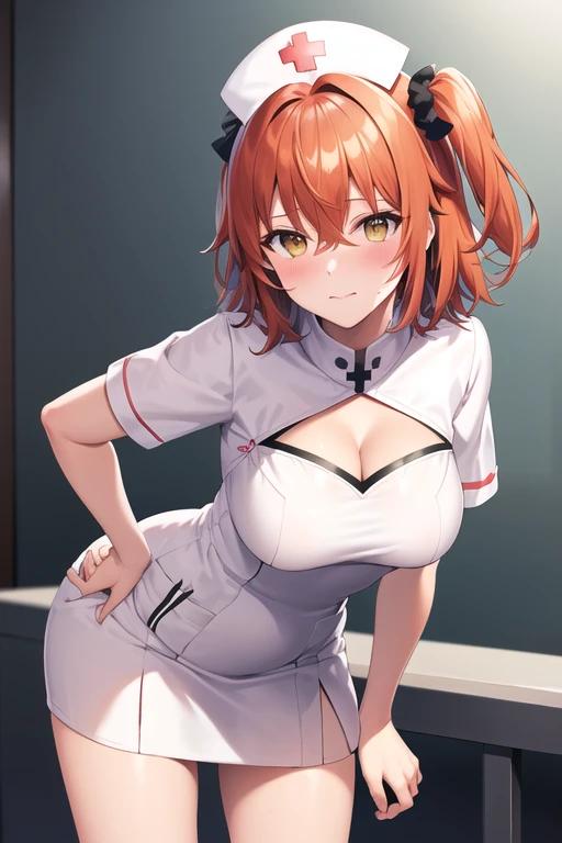 Fujimaru Ritsuka,short hair,orange hair,ahoge,((one side up)),hair between eyes,bangs,hair scrunchie,yellow scrunchie,yellow eyes,medium breasts,
((nurse,cleavage cutout,nurse cap,breast pocket,collared dress,short dress,short sleeves,thighs,white dress,white headwear)),
1girl,(is embarrassing,big blush,closed mouth:1.0),
((leaning forward,hand on hip:1.2)),
(hospital room:1.0),clothed