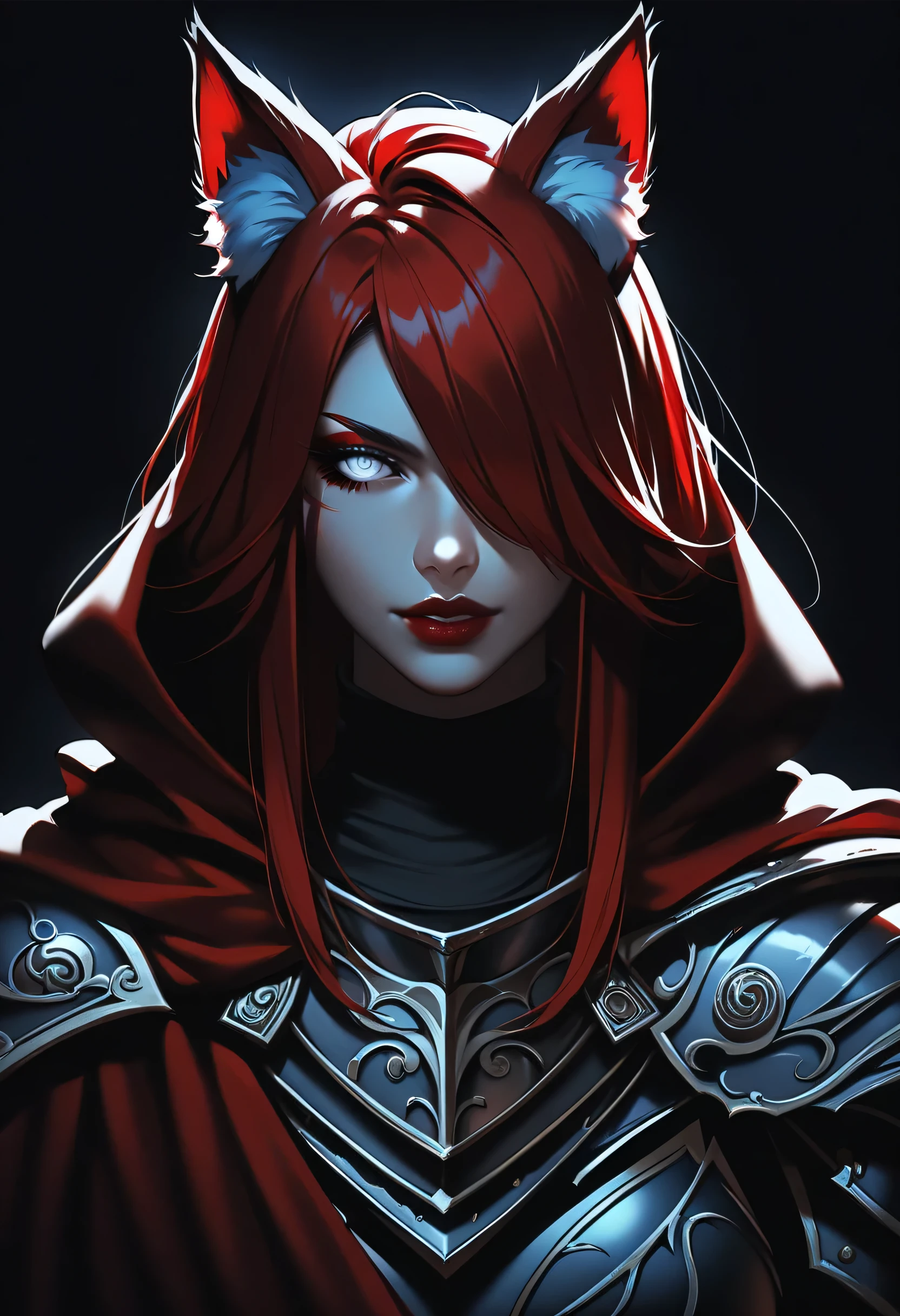 One woman, mature, anime character art, tall, sinister expression, blind eyes, white eyes, red eyeliner, sharp face, large fox ears, seven red fox tails,flowing red hair,hair over left eye, plain maroon armor, KNIGHT CRUSADER, fingerless gauntlets, medium pauldrons, black turtleneck undersuit, red long cloak, claws, facing center, close-up, dark colors, dark lighting, dark background, zPDXL3, dark theme, low light.
