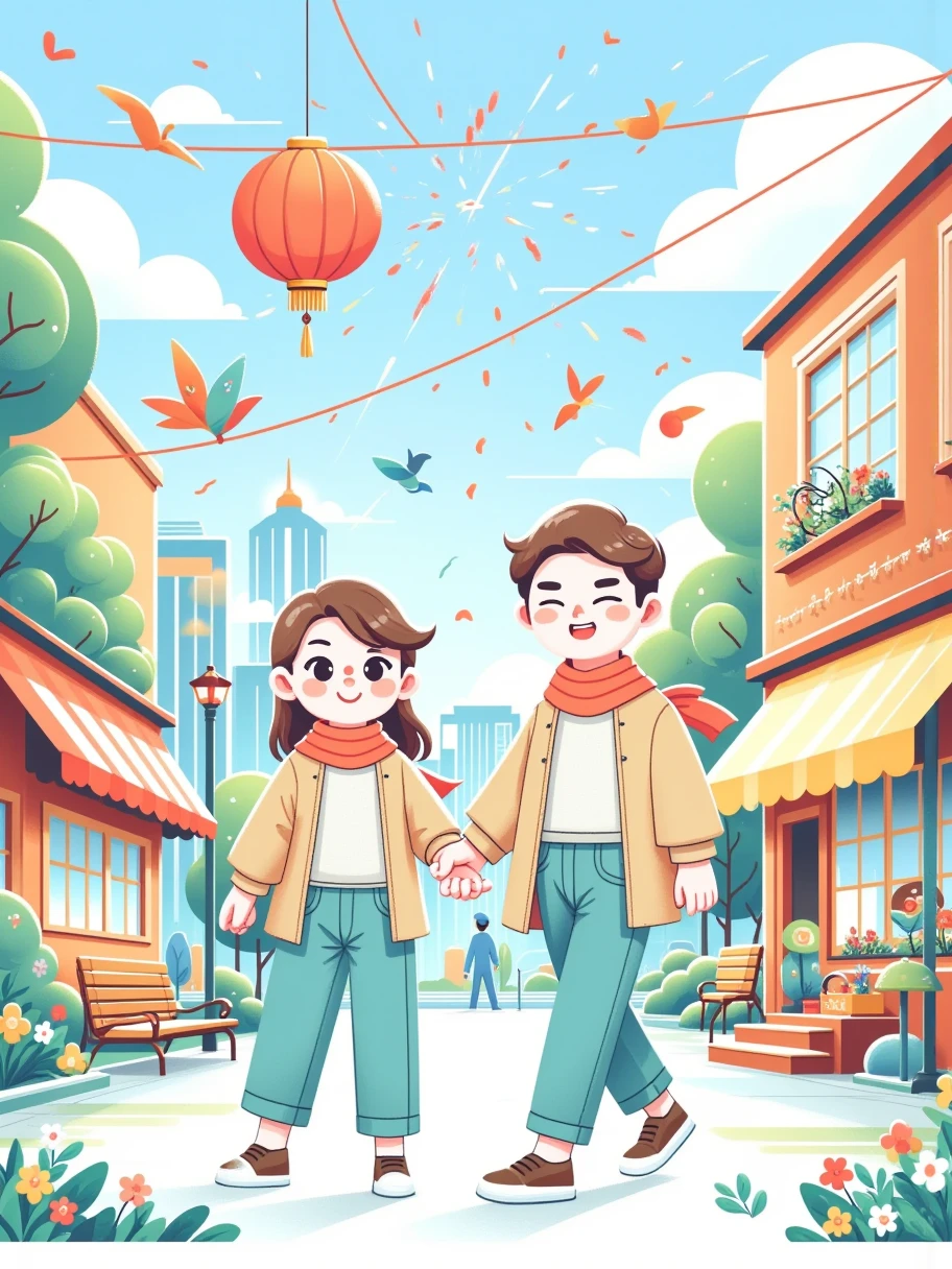 Spring Festival， Young Couples ，Traditional Streets ，Red Lantern，Fashion，Red Scarves ，cap，child，firecracker，smoke， Balloon Stalls ，bunny balloon，square， Lion Dance，Sound of gongs and drums ，fireworks，Make a Wish，Ancient buildings，couplet，Lucky characters，Window paper-cuts，romantic，happiness， Innocent Fun 