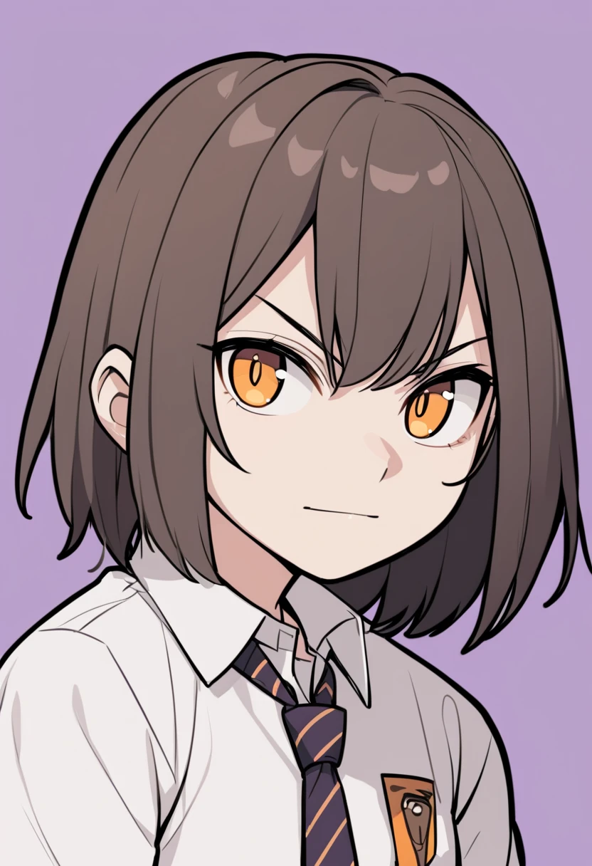 (Portrait) Young teen girl tomboy , with orange eyes , and Dark brown dark messy short hair tie from behind , serious look with a arrogant look , she dosen't smile, look at away , beautiful eyes , wearing a necktie, collared white shirt, school uniform , Twitch emote , with a bit muscular body