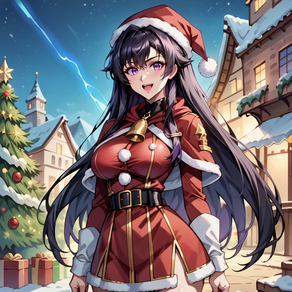 score_9, score_8_up, score_7_up, score_6_up, BREAK source_anime, cowboy shot, looking at viewer, 1woman, youth, solo, long hair, jet black hair very long hair, erotic body, purple eyes, open mouth, smile, big breasts,  Christmas outfit, Christmas Eve indoors , anime screencap, Perfect lightning