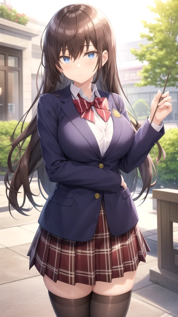 masterpiece, best quality, 1girl, solo, komi-san wa komyushou desu, ks , blue jacket, white shirt, striped bowtie, red skirt, sexy position, medium breasts, cute, black pantyhose, (((Grab your chest with both hands in aggressive way))), looking at viewer, (classroom), cowboy shot