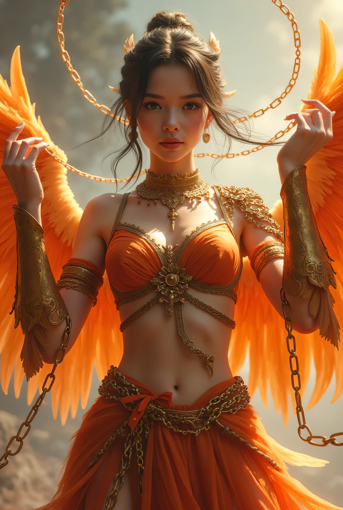 (8k,    top quality, masterpiece), ( realistic , photo realistic : 1.37),  super detailed,    one girl  , { Phoenix Knight  }, Wide angle ,   Big bouncy breasts   ,   Very delicate depiction   ,    MINIATURE PAINTING    ,  detailed depiction of short braided hair ,  correct skeleton,    intricately patterned chain armor,  Braided Chain Armor , Equipped with long and large claws、Dreamy,Super realistic mixed fantasy world,  combination of realistic and fantasy elements ( Wings of Swirling Fire :1)、Looking straight at the camera、Lift both hands with chains、 raise both hands
