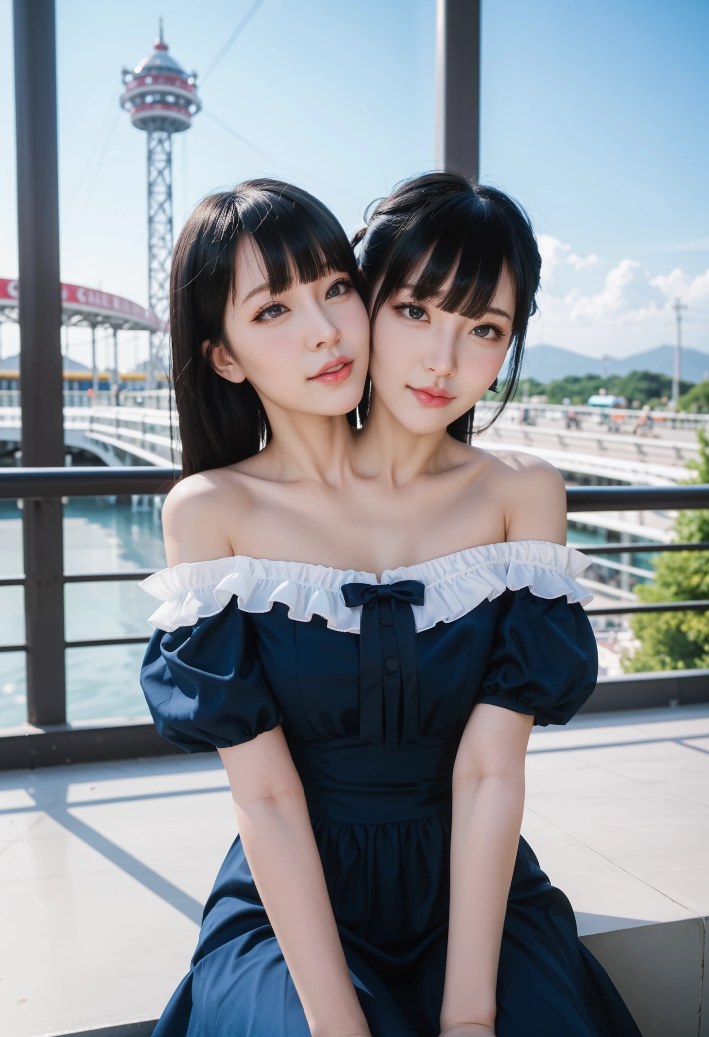 best resolution, 2 heads, woman with two heads, conjoined,tall, black hair curtain bangs with shoulder length hair, trendy hairstyle mm, flirty expression, dark blue dress, frills, off shoulder, sitting in a roller coaster, outdoors