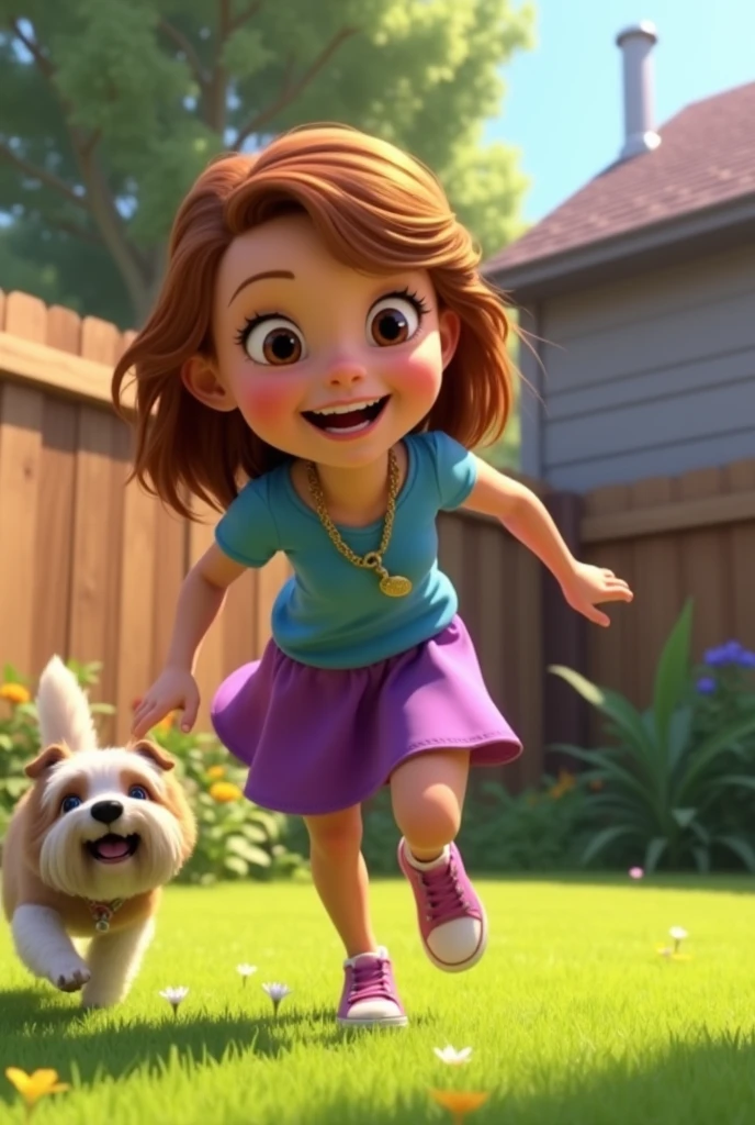 lily, 5 year old girl, With red hair and blue eyes, He wears a purple dress and red shoes, Playing with her older sister, He is 12 years old, With yellow hair, green eyes, Red t-shirt and blue jeans, White shoes, And their dog is playing in the garden, The background is a house, steel. pixar, Cartoon.