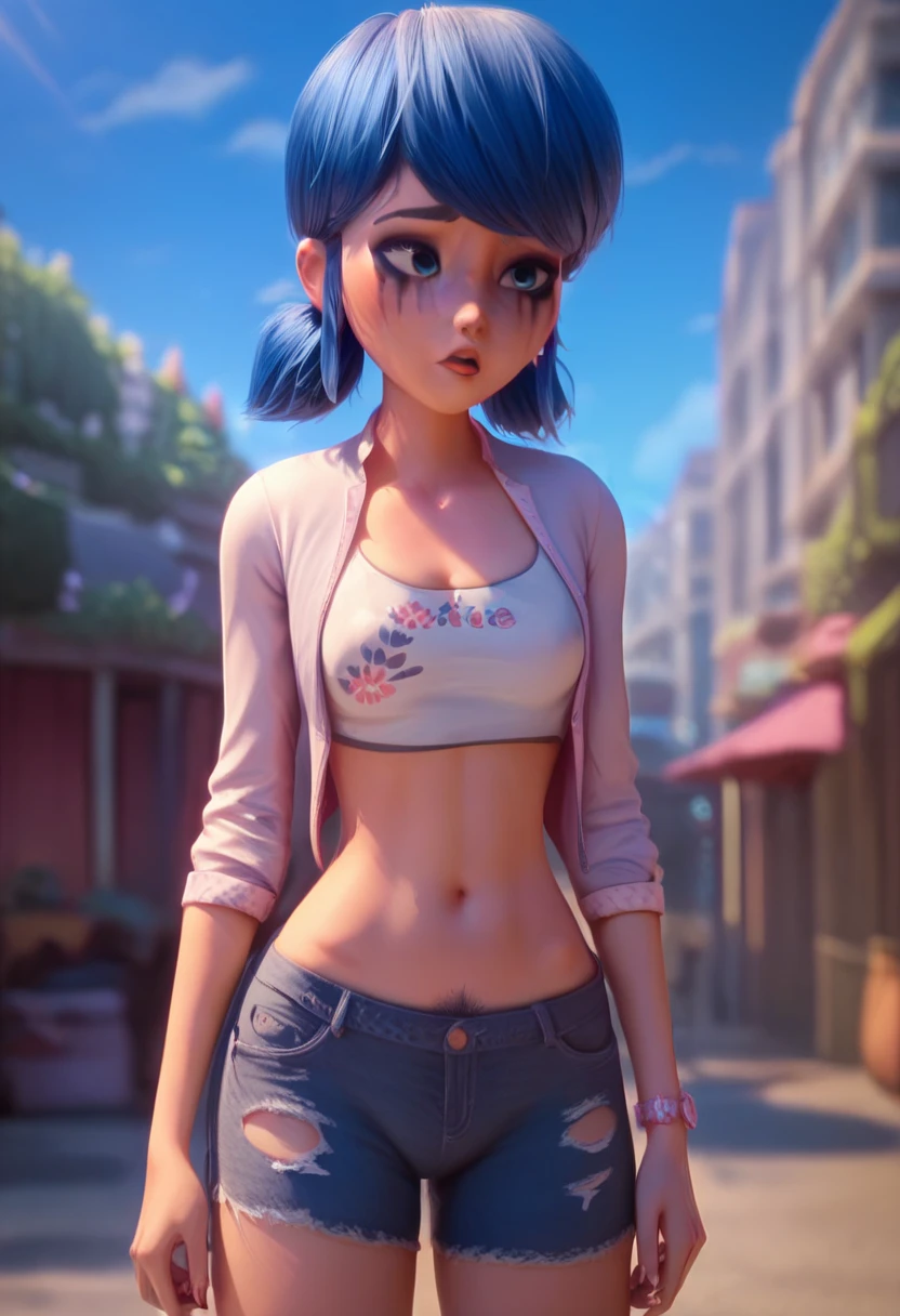 1girls bare midriff breasts cleavage crop top denim denim shorts erect nipples under clothes female female only blue eyes human makeup mascara midriff pubic hair blue hair revealing clothes short shorts shorts small waist solo tight clothing torn shorts Marinette 