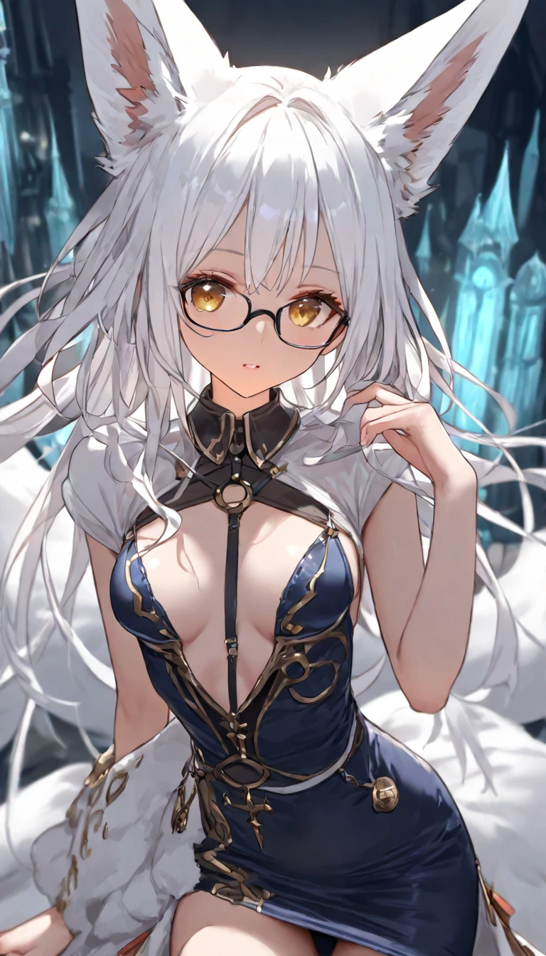  (( fantasy costume, fox ears)), (( 1girl)),  candid outfit ,  white hair ,  medium chest , glasses, dress, lush breasts, underwear