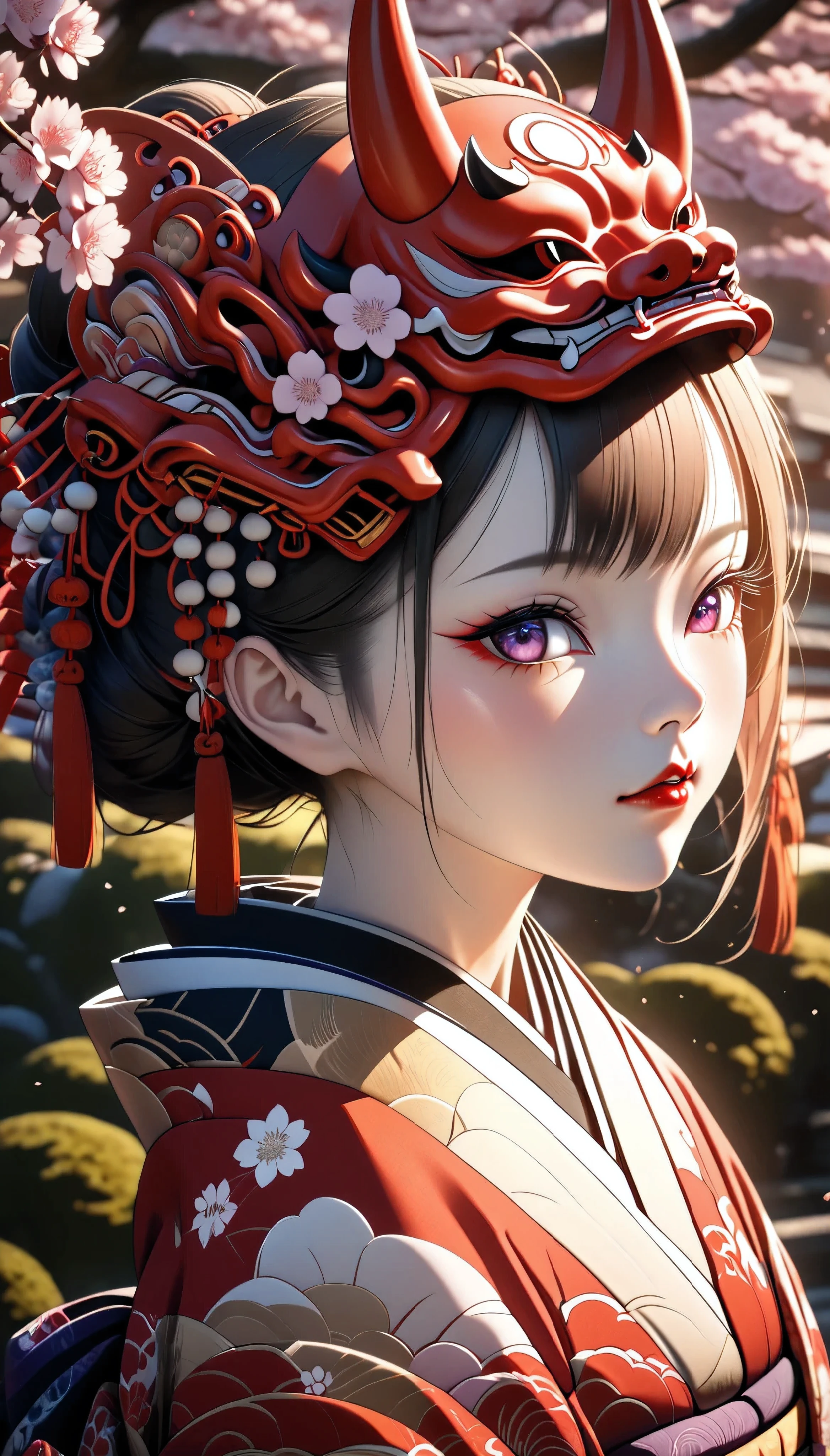 1girl, solo, beautiful detailed eyes, beautiful detailed lips, extremely detailed face, long eyelashes, wearing a japanese demon mask, ornate japanese demon mask, japanese kimono, intricate pattern, detailed texture, beautiful floral garden, sakura blossoms, sunlight filtering through trees, warm lighting, high quality, 8k, photorealistic, detailed environment, cinematic lighting, vibrant colors, dramatic shadows