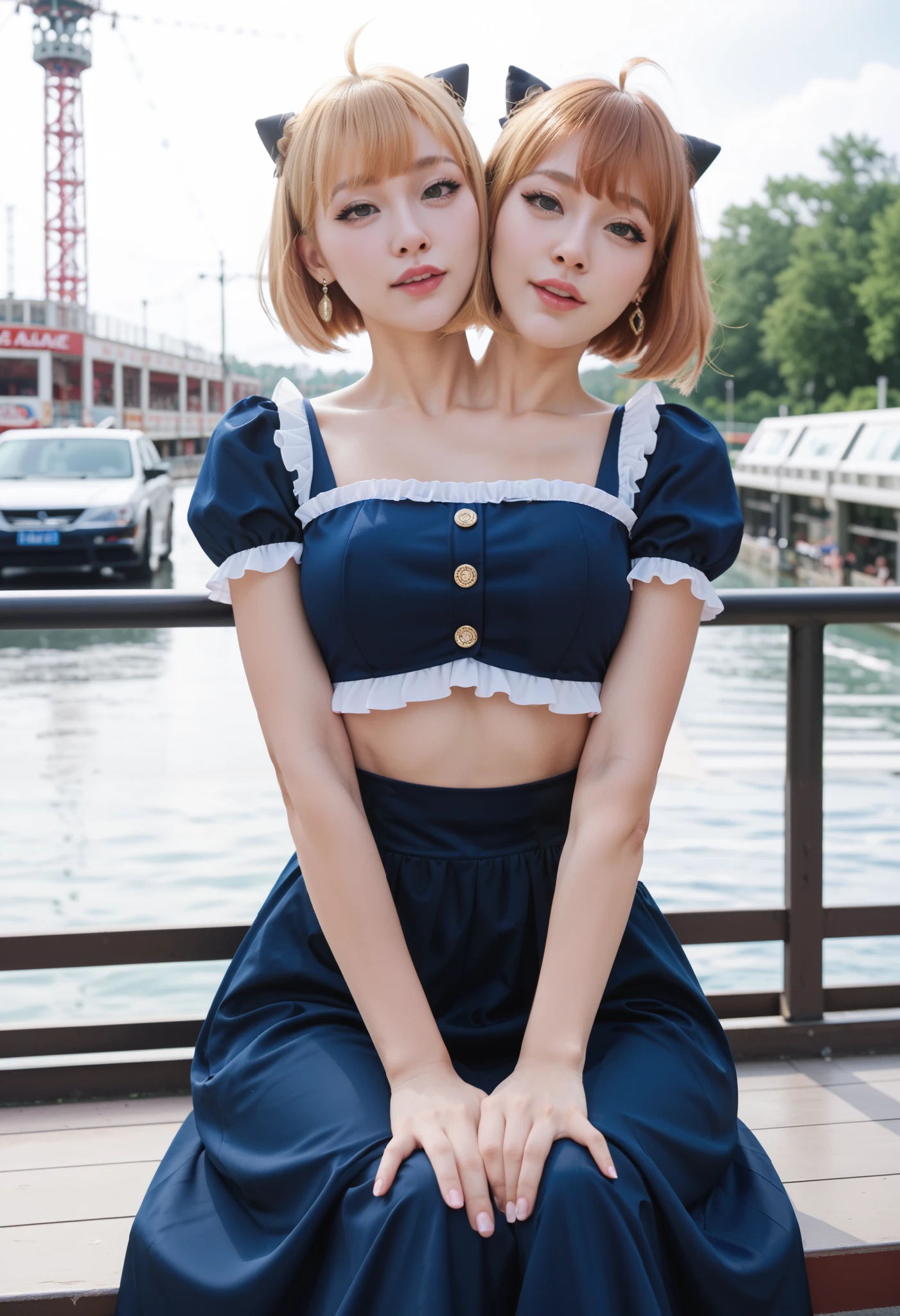 best resolution, 2 heads, woman with two heads, conjoined,tall, blonde hair wispy bangs with short hair, trendy hairstyle mm, flirty expression, dark blue dress, frills, crop top, midriff, sitting in a roller coaster, outdoors,