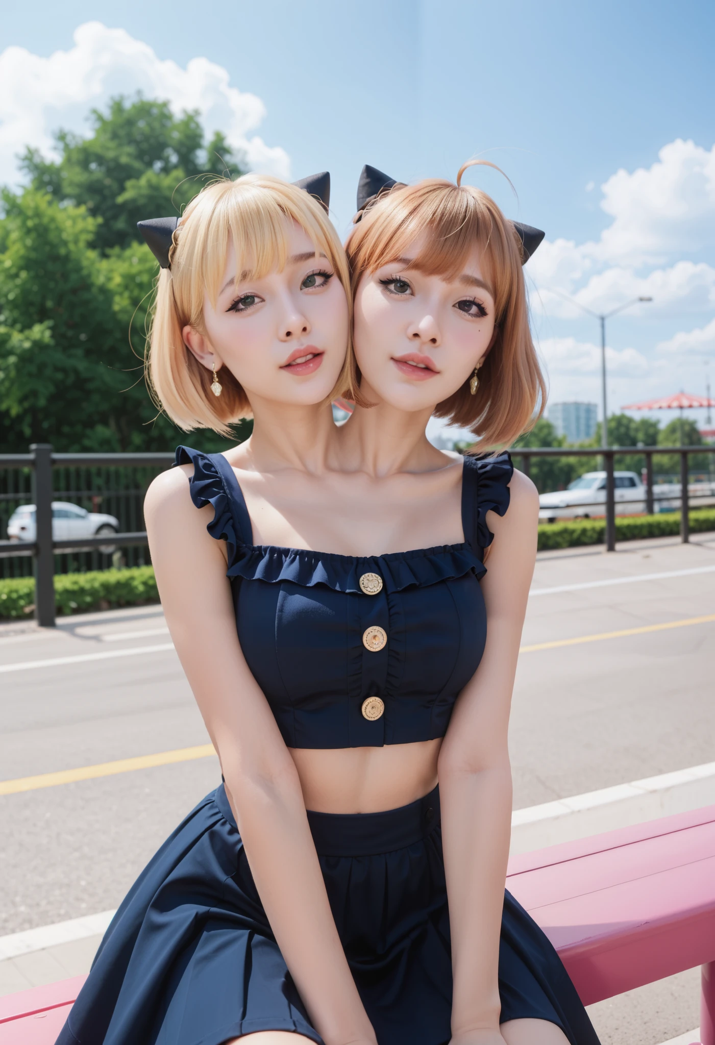 best resolution, 2 heads, woman with two heads, conjoined,tall, blonde hair wispy bangs with short hair, trendy hairstyle mm, flirty expression, dark blue dress, frills, crop top, midriff, sitting in a roller coaster, outdoors,