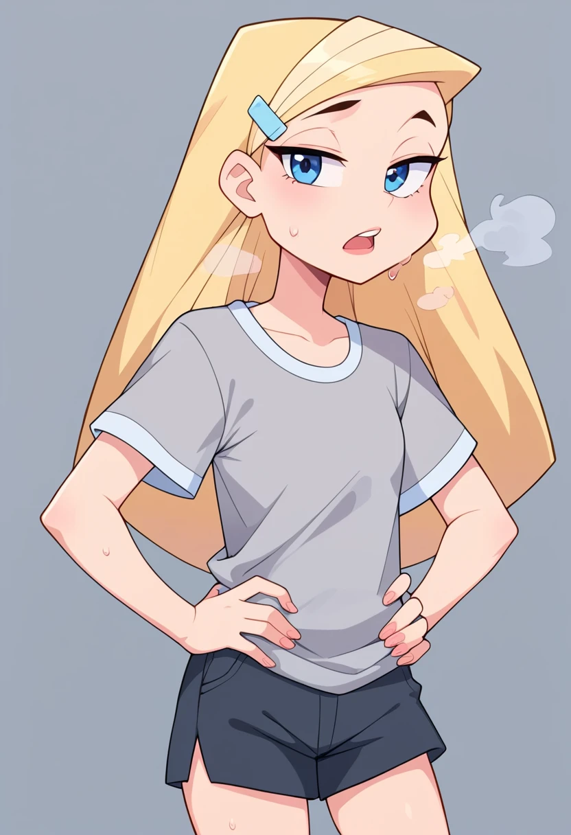 score_8, score_9, sharon, long hair, blonde hair, hairclip,, 1 girl, solo, , looking on viewer, gray oversized shirt, short sleeves, out of breath, sweaty, hands on hips, black shorts, open mouth, tired expression, 