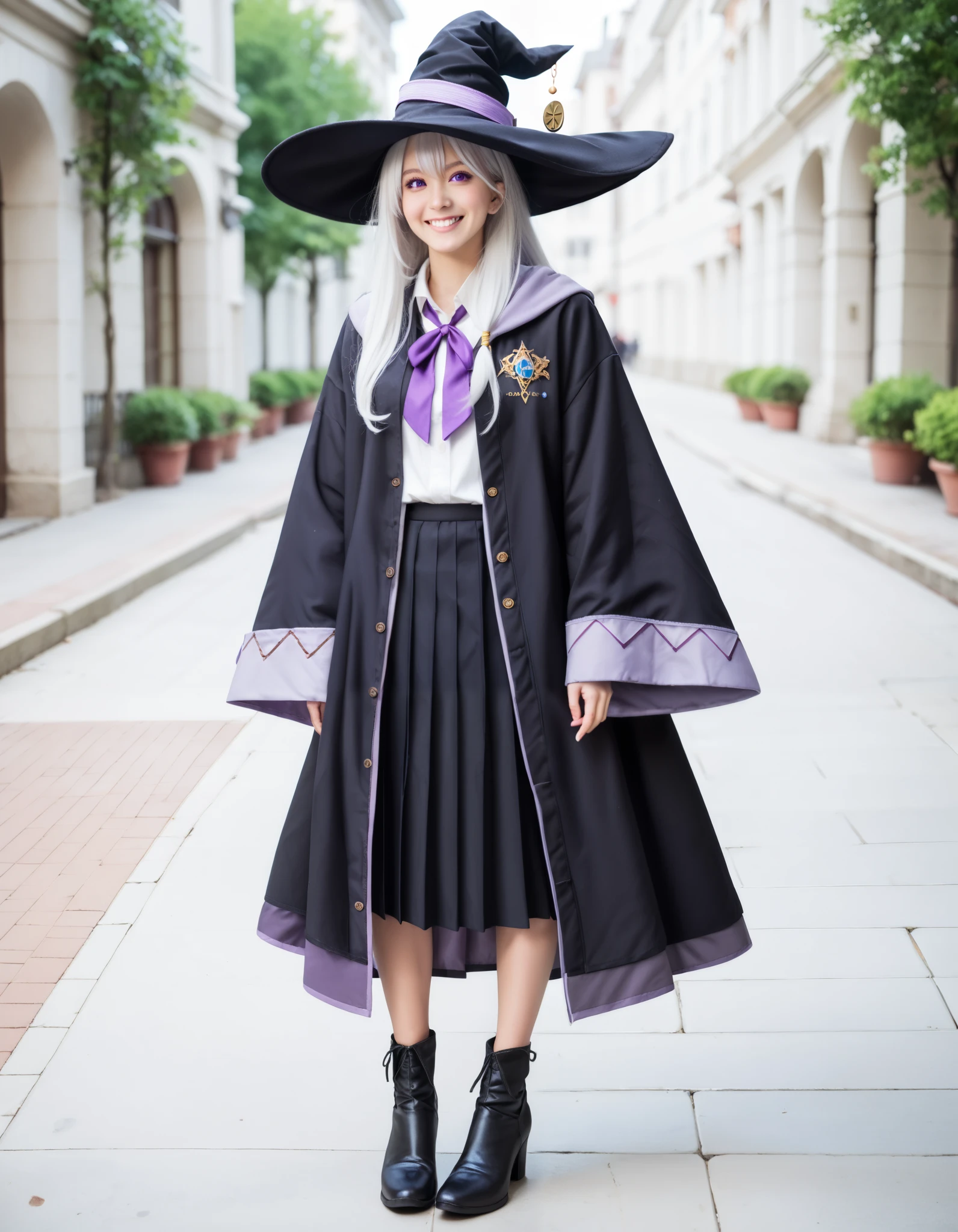 Masterpiece, hd, best quality, realistic, cosplayer, detailed, elaina \(majo no tabitabi\),purple eyes, grey hair, white hair, long hair,witch hat,collared shirt,robe,wide sleeves,pleated skirt,frilled skirt,pointy footwear, standing, outdoor, fullbody, smile