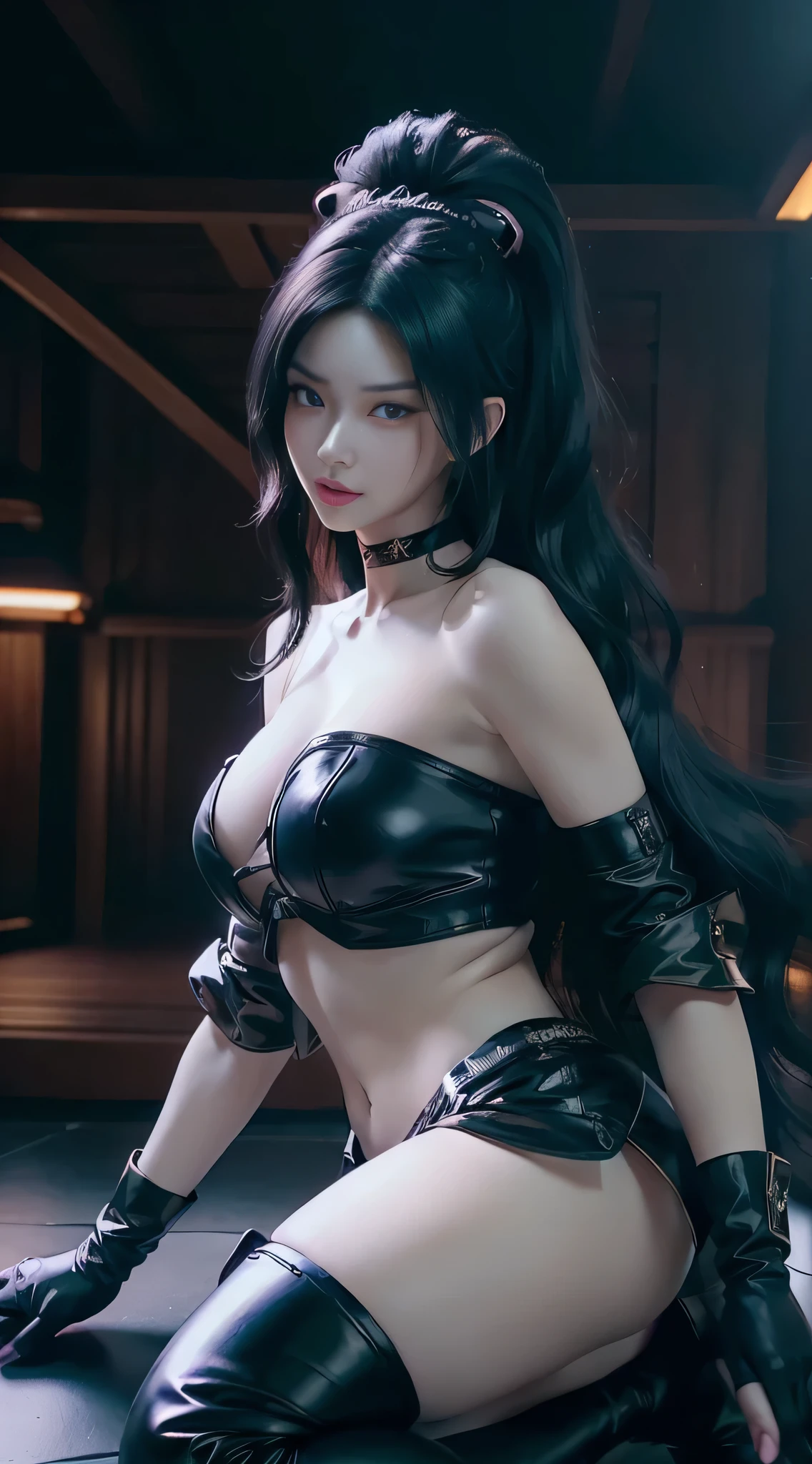 DIGITAL art, 8k, 3d final fantasy 7 remake 3d cgi, ultra realistic, (((Perfect masterpiece, highly detailed, 8K high resolution))),Extremely detailed 8K, Beautiful girl with voluptuous wavy hime cut:DIGITAL art, 8k, 3d final fantasy 7 remake 3d cgi, (((Perfect masterpiece, highly detailed, 8K high resolution))),Extremely detailed 8K, Beautiful uchiha girl named momoka with voluptuous body, (Ultra HD, Ultra-detailed, Highly detailed, Highly realistic, Ultra-realistic, photograph realistic), FULLBODY IMAGE SHOT, (((beautiful Bihaku skin))),(dynamic poses), Sexy twenty one year old sasuke UCHIHA daughter name momoka, chinese mixed latina, momoka is a mature women , momoka has a extremely gorgeous face an facial structure OF Meisa Kuroki, momoka has a Extremely gorgeous super model beauty, sharp gemstone green eyes:1.2)(A radiant glow:1.1), (momoka has a breast size of d cup), jet black eyebrows, jet black eyeliner, jet black eyeshadow, short (((jet black (((wavy hime-cut))) hairstyle ,Bangs covering one eye, no broken hair on face. (((JET BLACK hair color))) t), momoka has a hot s shape, hour glass body type, Hot muscular feminine body,  ultra-detailed, realistic, charismatic, bold, captivating, delicate lips, beautiful detailed eyes, beautiful detailed lips, seductive expression, long legs, war standing in dynamic pose, momoka wearing (silky black strapless mini tight dress (top), Black latex jean mini cropped shorts+fishnet stockings, long black gloves, thigh high boots, black choker), stunning cyberpunk KONOHA VILLAGE FROM BORUTO THE NEXT GENERATION ANIME, neon lights creating a surreal atmosphere, studio lighting accentuating her features, vivid colors enhancing the overall composition, bokeh effect adding depth and focus to war, physically-based rendering capturing every intricate detail of her appearance,

