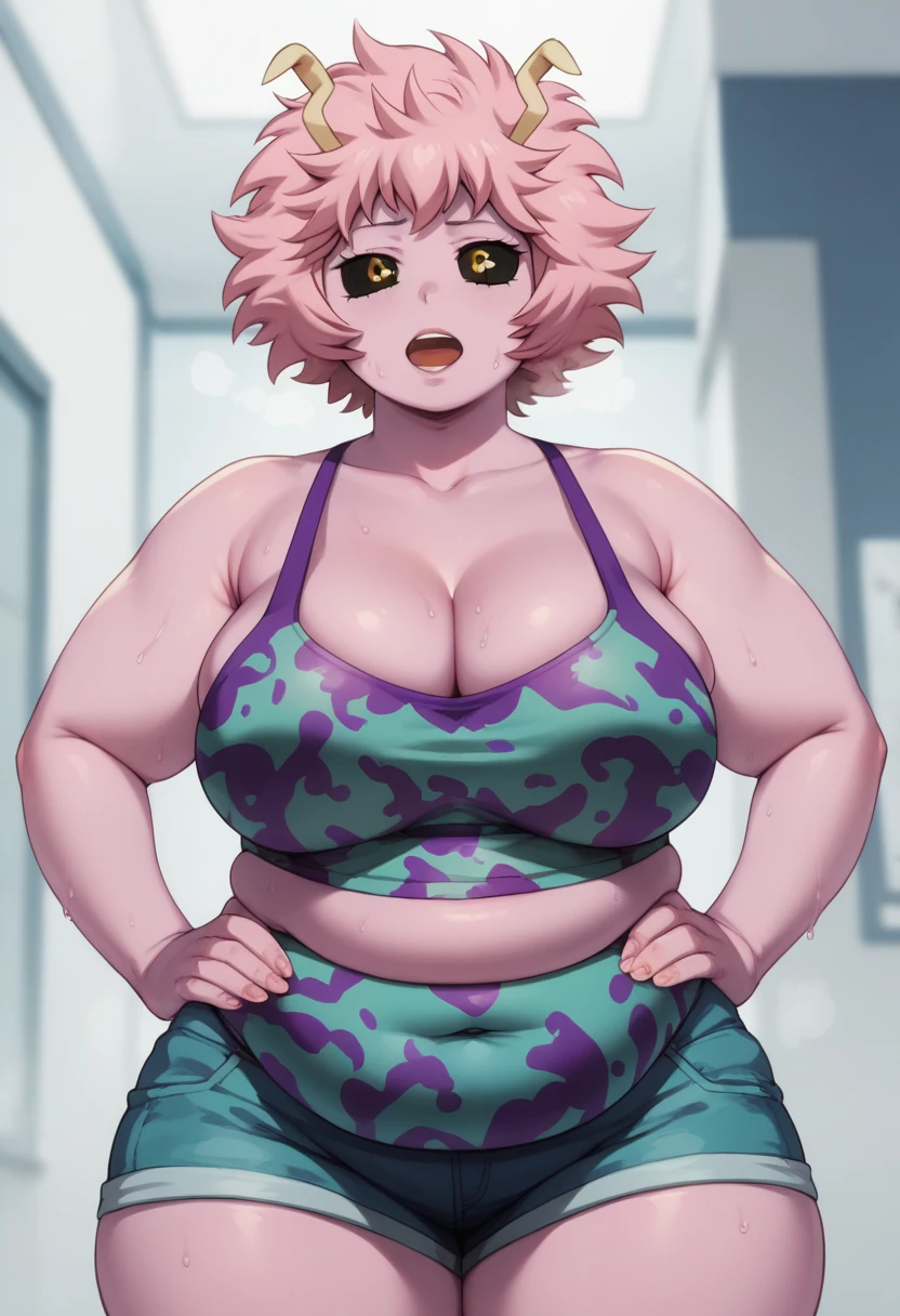 mina ashido, 1girl, solo, long hair, purple tanktop, blue jeans shorts, half body, pink hair, horns, open eyes, yellow eyes, pink skin, bbw, plump, large belly, large breasts, large thighs, wide hips, weight gain, out of breath, open mouth, sweaty, tired expression, sexy, hands on hips, looking at viewer