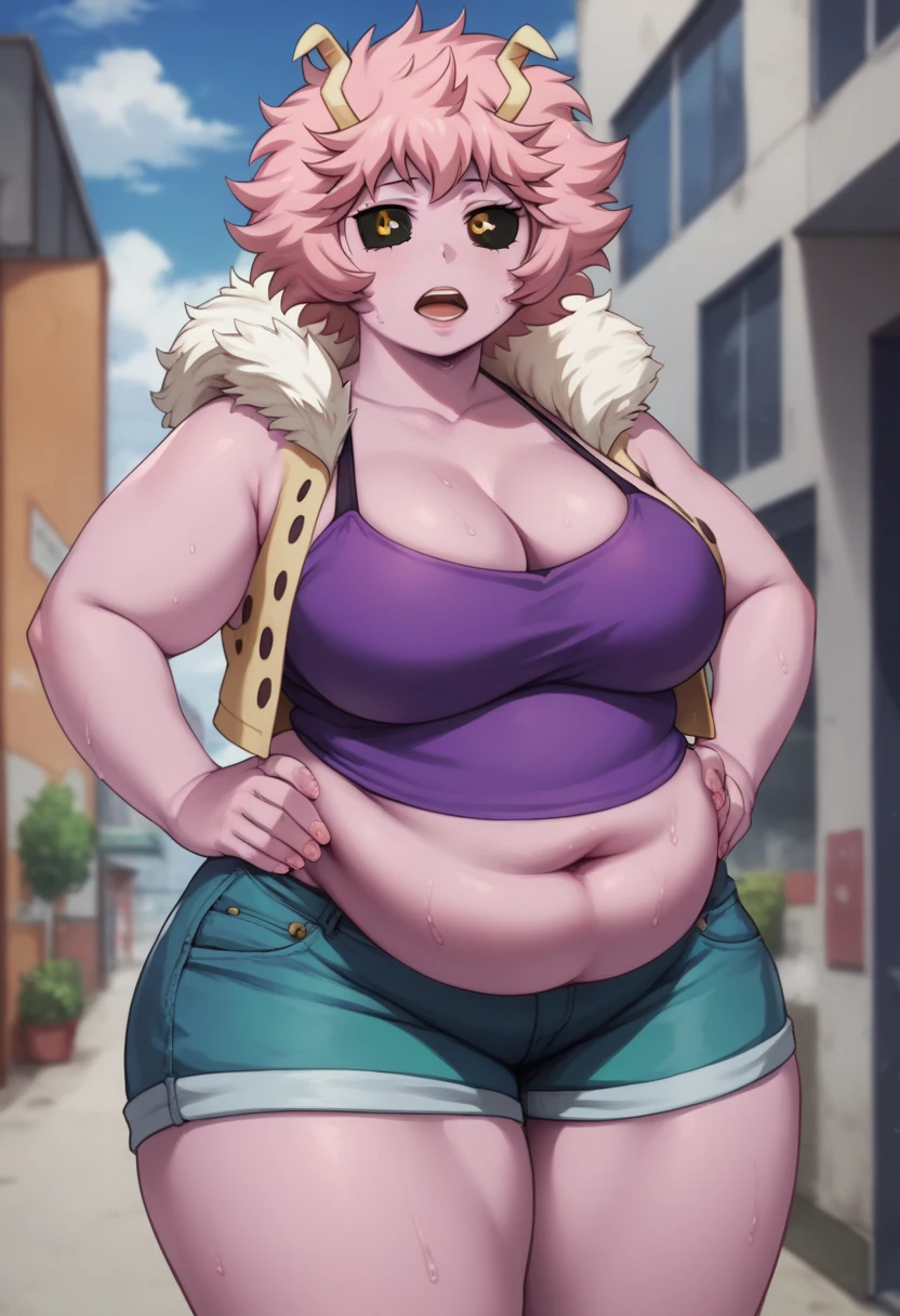 mina ashido, 1girl, solo, long hair, purple tanktop, blue jeans shorts, half body, pink hair, horns, open eyes, yellow eyes, pink skin, bbw, plump, large belly, large breasts, large thighs, wide hips, weight gain, out of breath, open mouth, sweaty, tired expression, sexy, hands on hips, looking at viewer