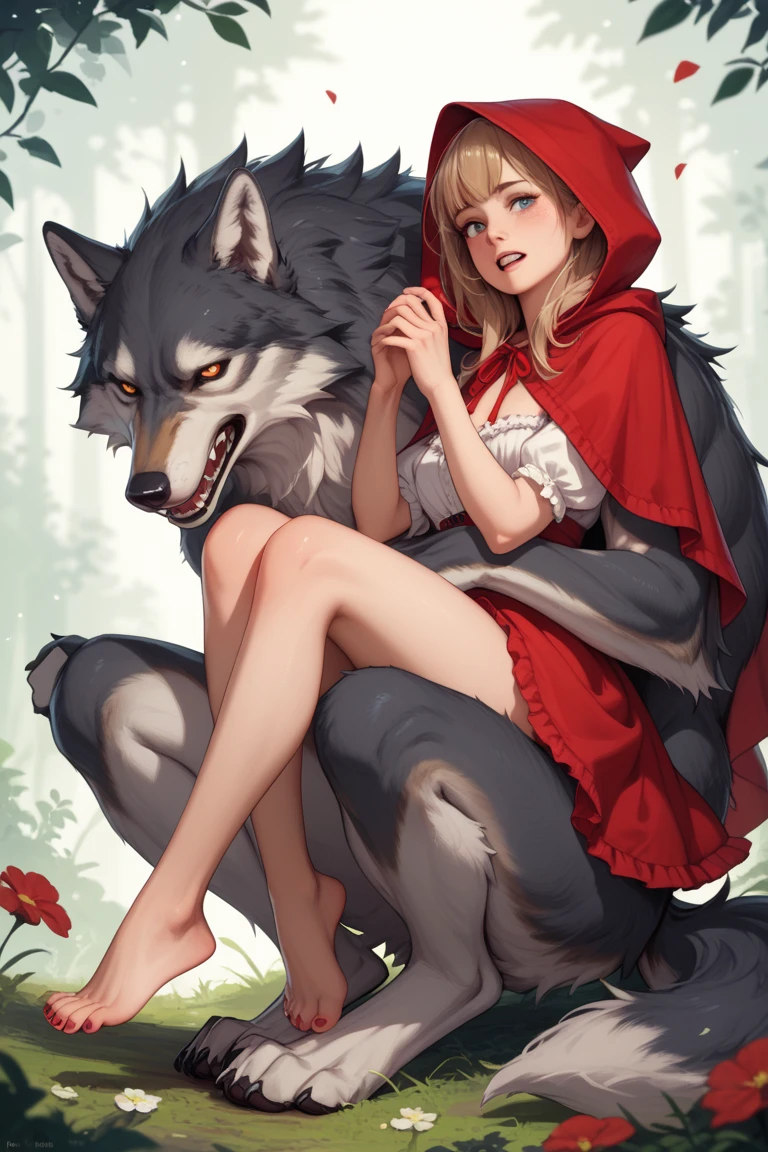 nsfw, top quality, best quality, High-quality illustrations, masterpiece, super high resolution(super cute girl, wolf, lovers, zoophilia, Mating, pussy sex from behind)Little Red Riding Hood, forest, girl, undressing, open Clothes, absurdres, perfect anatomy, tomogao, good lighting, red blush, cinematic shadow,