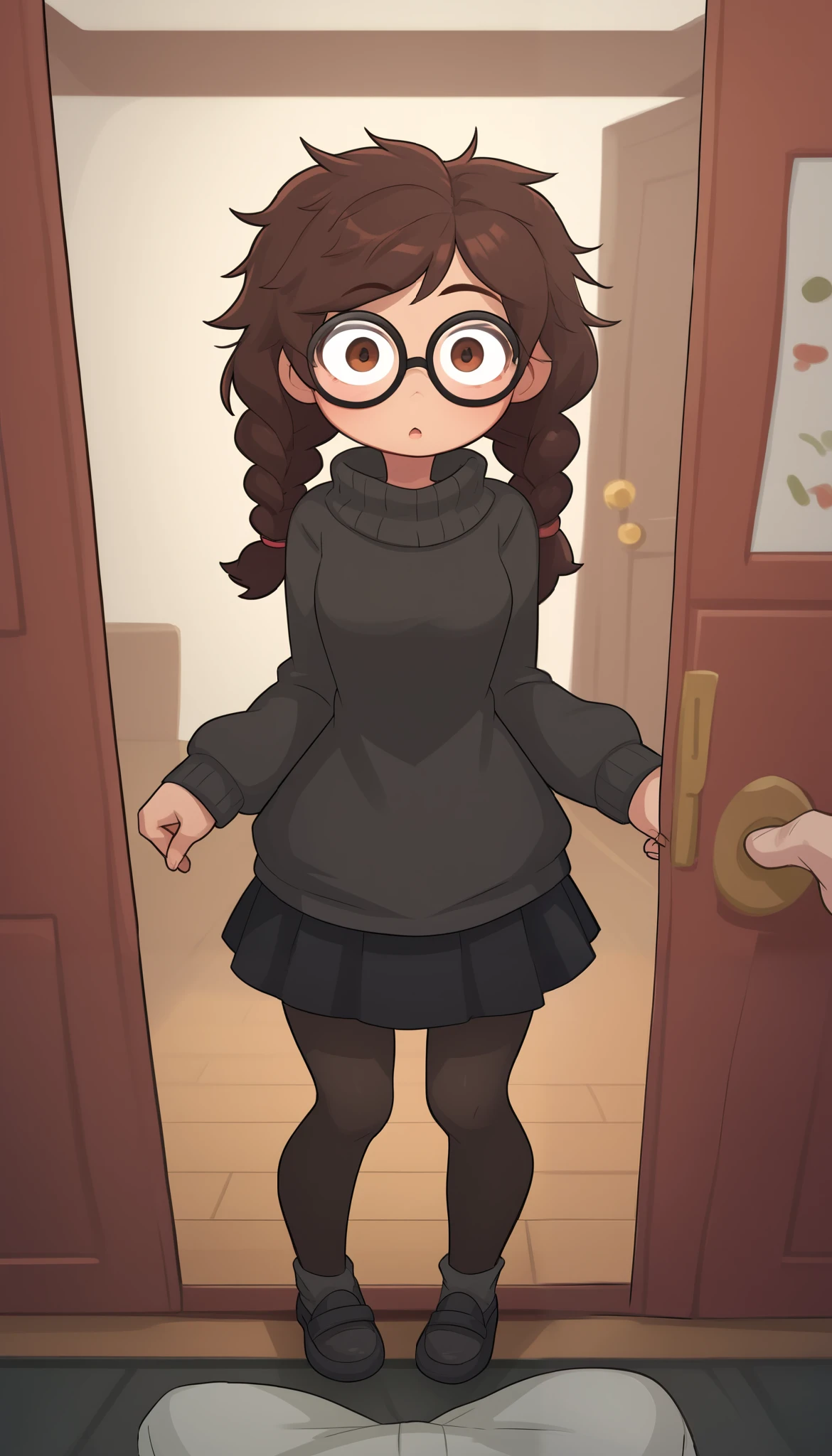 Small girl, young, full body, dark brown hair, braids, twintails, messy braids, puffy hair, messy hair, bob cut hair, brown eyes, skinny body, slender body, thin waist, small breasts, indoors, (solid black sweater 0.9), black sweater, solid black skirt,  black clothing, medium length skirt, knee length skirt, black pantyhose, glasses, opening door, surprised face, pov, looking up at you, big eyes, cute, ( pixar style 0.5)