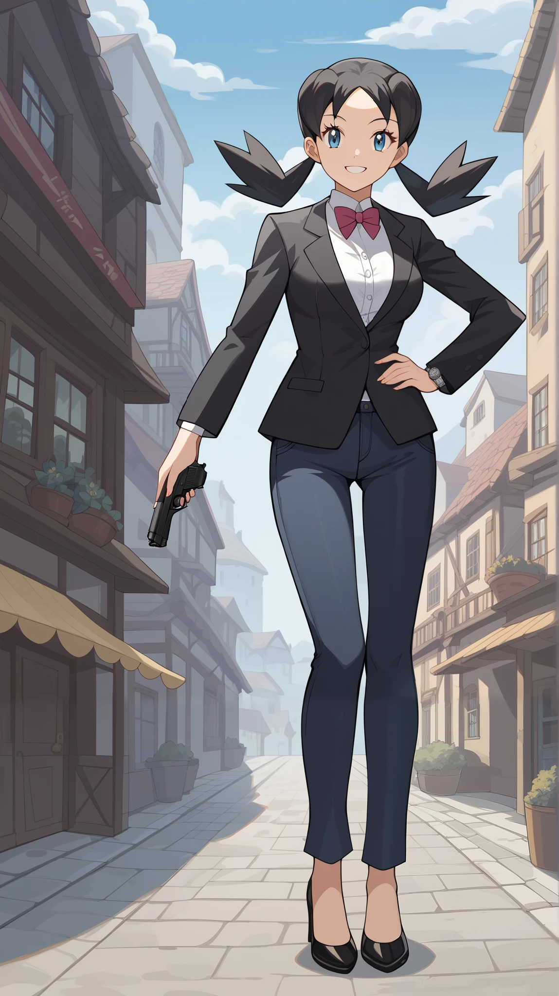 Blue-black hair,  twin tails,  blue eyes, Black suit, Black jeans,  black high heels, Ample breasts,  Tall,  Watch viewers, 1 Female, Age 18,  standing, whole body, Place one hand on hip, Pistol,  slim figure,  sexy smile,  seductive smile,  score_9,  score_8_Excellent,  score_7_Excellent,  score_6_Excellent,  top quality,  source_Anime,  cell shading ,  flat color, vector,  detailed background, town, building,  break 1 girl , Alone, (\ Pokemon\), Outdoor,