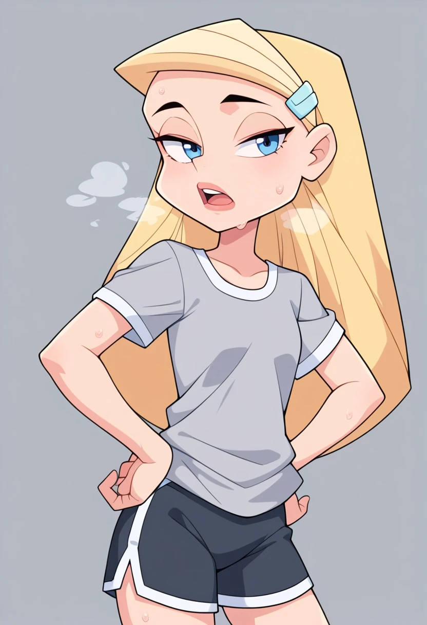 score_8, score_9, sharon, long hair, blonde hair, hairclip,, 1 girl, solo, , looking on viewer, gray oversized gym shirt, short sleeves, out of breath, sweaty, hands on hips, black gym shorts, open mouth, tired expression, 