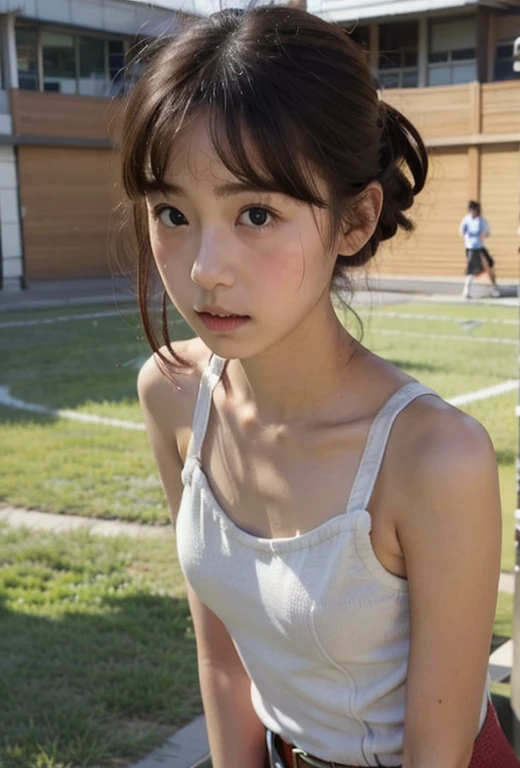 (((Are standing、Looking down from above:1.551、Composition above the knees)))、((Highest quality, 8K, masterpiece: 1.3)), sharp: 1.2, Perfect Body Beauty: 1.4, Slim Abs: 1.2, ((nude、Small breasts: 1.2)), (((Lightweight short tank top:1.3,))), Short shorts:1.2, Bare shoulders, (((Underbust: 1.2))), Face close-up: 1.0, Highly detailed face and skin texture, Beautiful Eyes, double eyelid, 