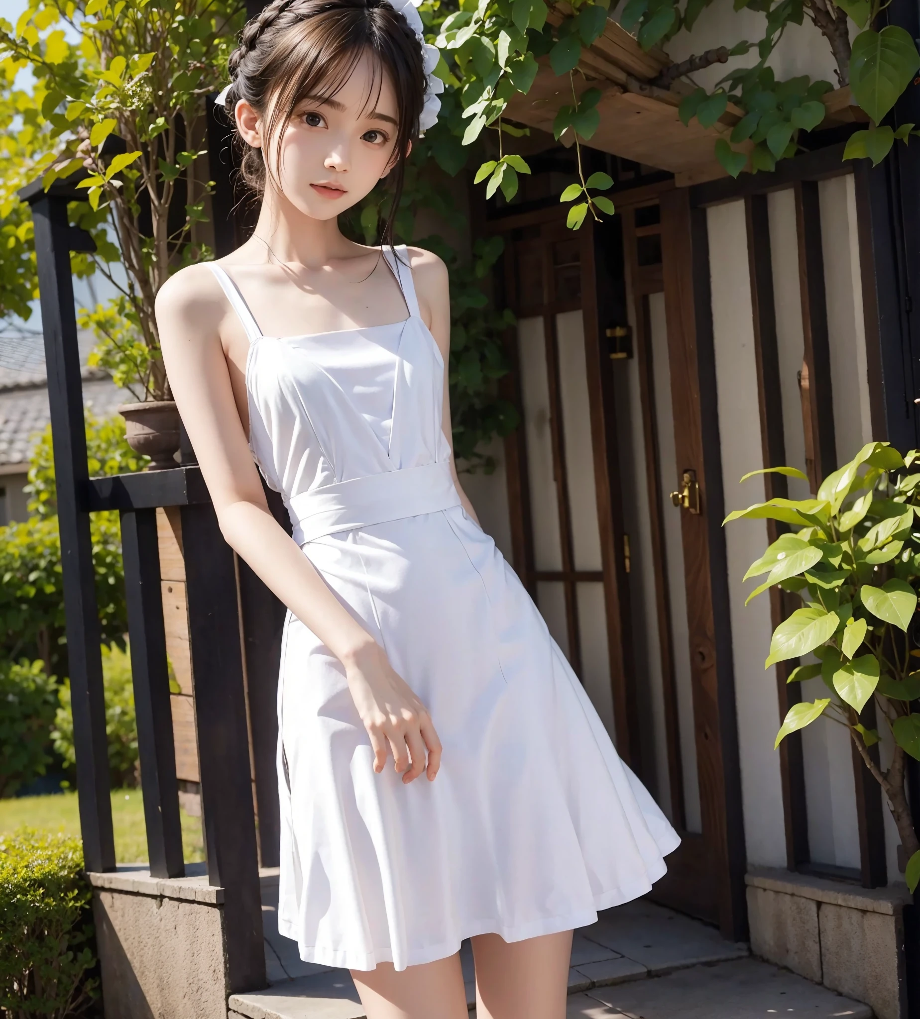 Loli,flat chest, standing, full body,short hair, short dress,summer dress, white dress, nighty gown