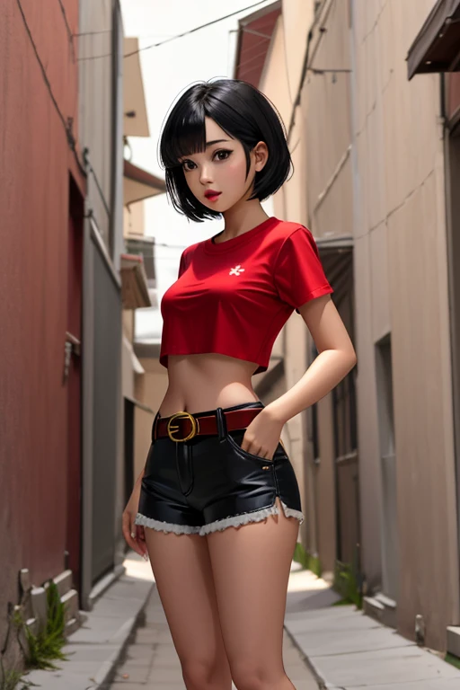 1 girl, Videl from dragon ball Z, em shorts pretos curtos e camisa branca, apertada, posando para uma foto, Menina anime na vida real,bonita, linda mulher coreana jovem, Anime Garota Cosplay, terno liso branco apertado roupas terno, vestindo camisa apertada, camisa apertada, usando roupas simples e apertadas, degree of transparency, anime realista, anime hiper realista, menina anime atraente, Mulher coreana, sexy N-SFW