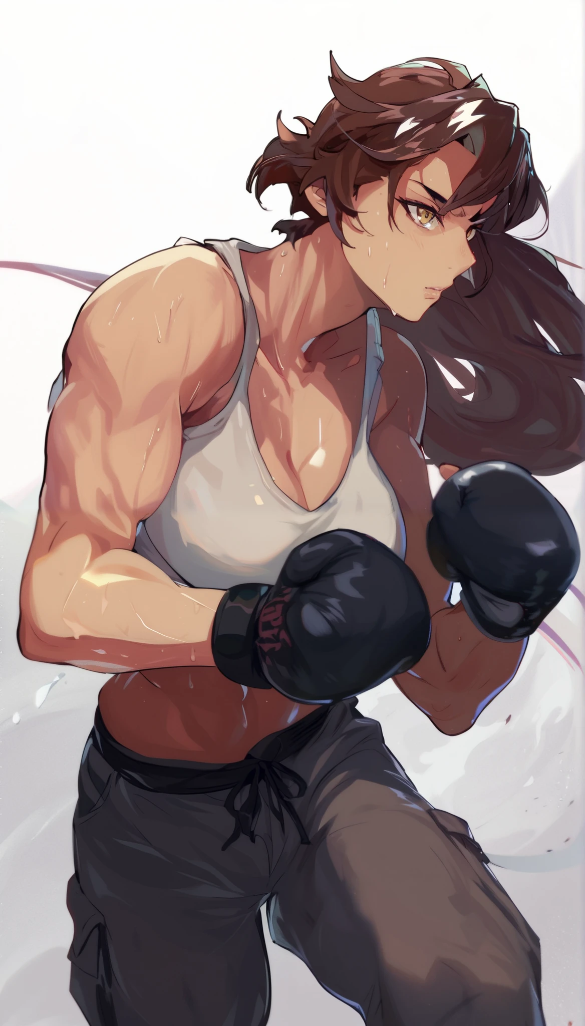 black hair,masterpiece,best quality,highres,ultra-detailed,aashizue,yellow eyes,long hair,cargo pants,(tank top:1.2), boxing gloves,cleavage,toned, sweating, (sleeveless:1.4),cowboy shot,