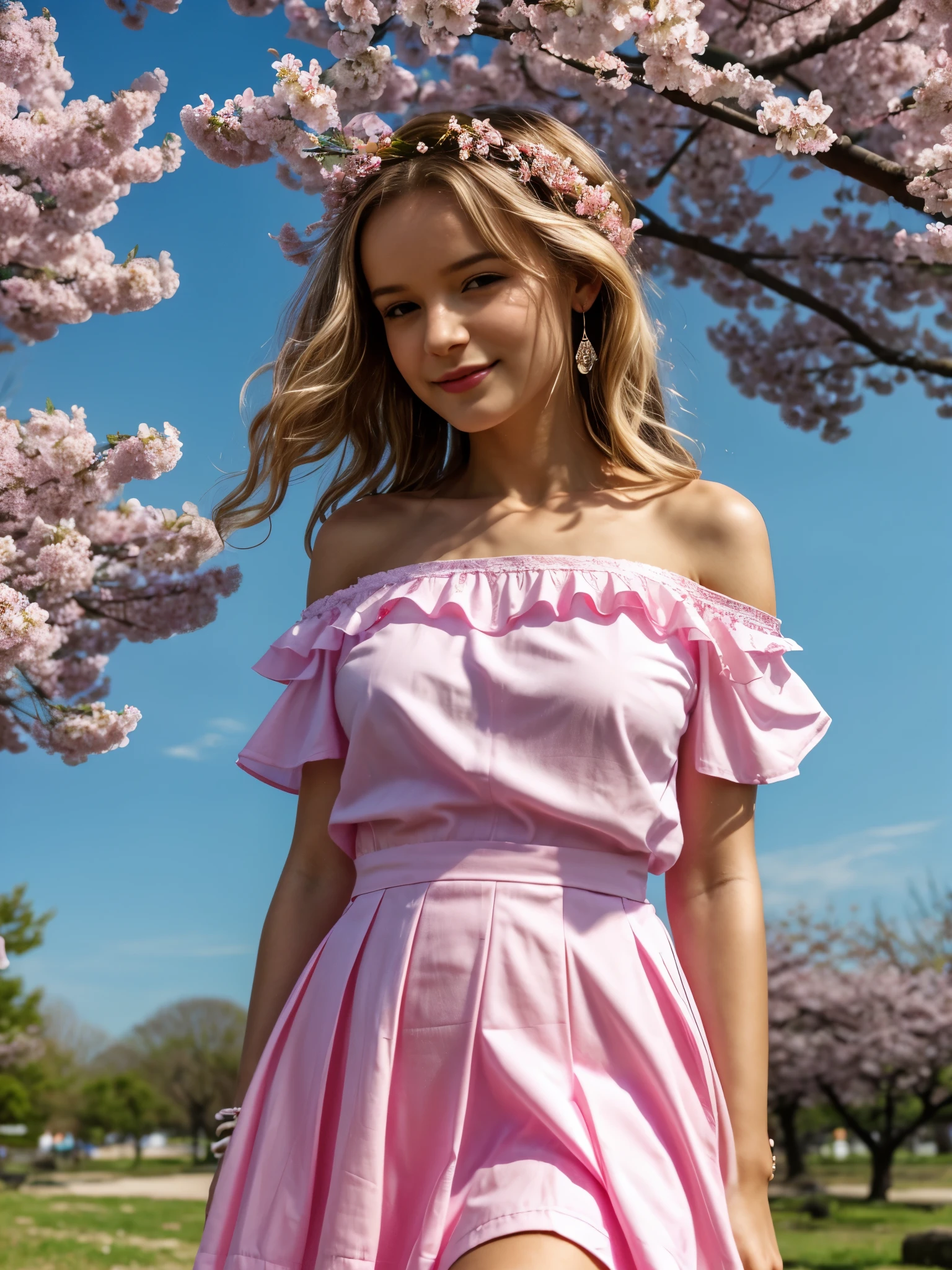 art by Cornflower, dreamy, cherry_blossoms, falling_petals, petals, branch, pink_flower, 1girl,20-year-old, blue_sky, spring_(season), petals_on_liquid, flower, hanami, dress, (Long blond curly hair：1.5),Wearing a wreath,sky, outdoors, cloud, bangs, smile, pink_eyes, White skirt with cherry blossom embellishments, bare_shoulders, earrings, holding_flower, wind, tree, looking_at_viewer,cowboy shot,