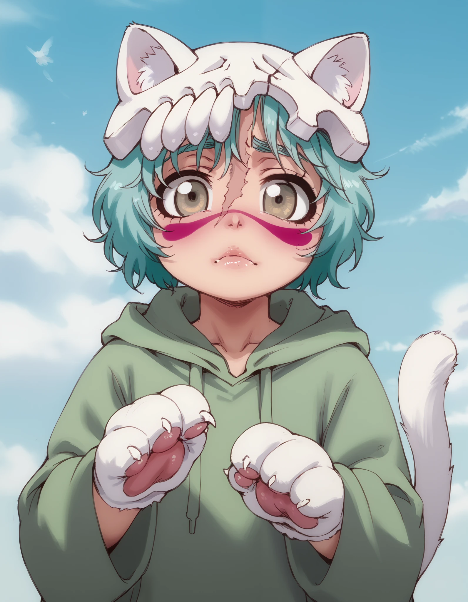 rating_explicit, sharp, masterpiece, hdr, neliel, cat girl, cat tail, fake animal ears, animal_ear_fluff, cat paws, upper body, (young), uncensored,