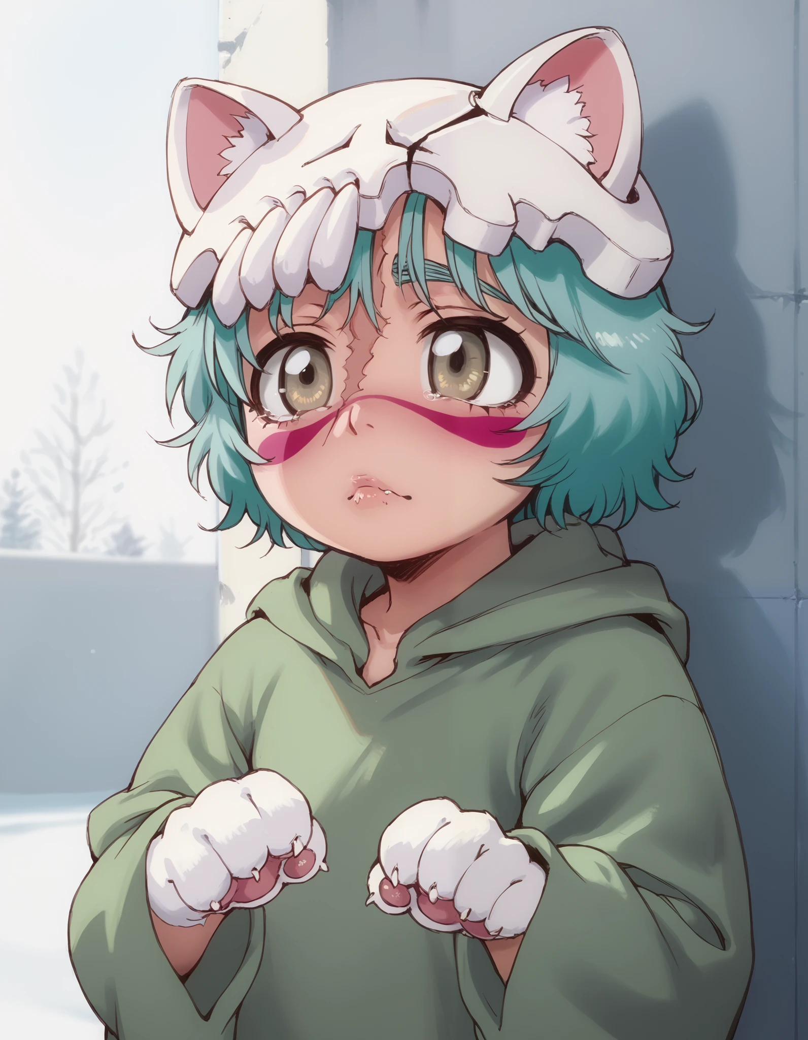rating_explicit, sharp, masterpiece, hdr, neliel, cat girl, cat tail, fake animal ears, animal_ear_fluff, cat paws, upper body, (young), uncensored,