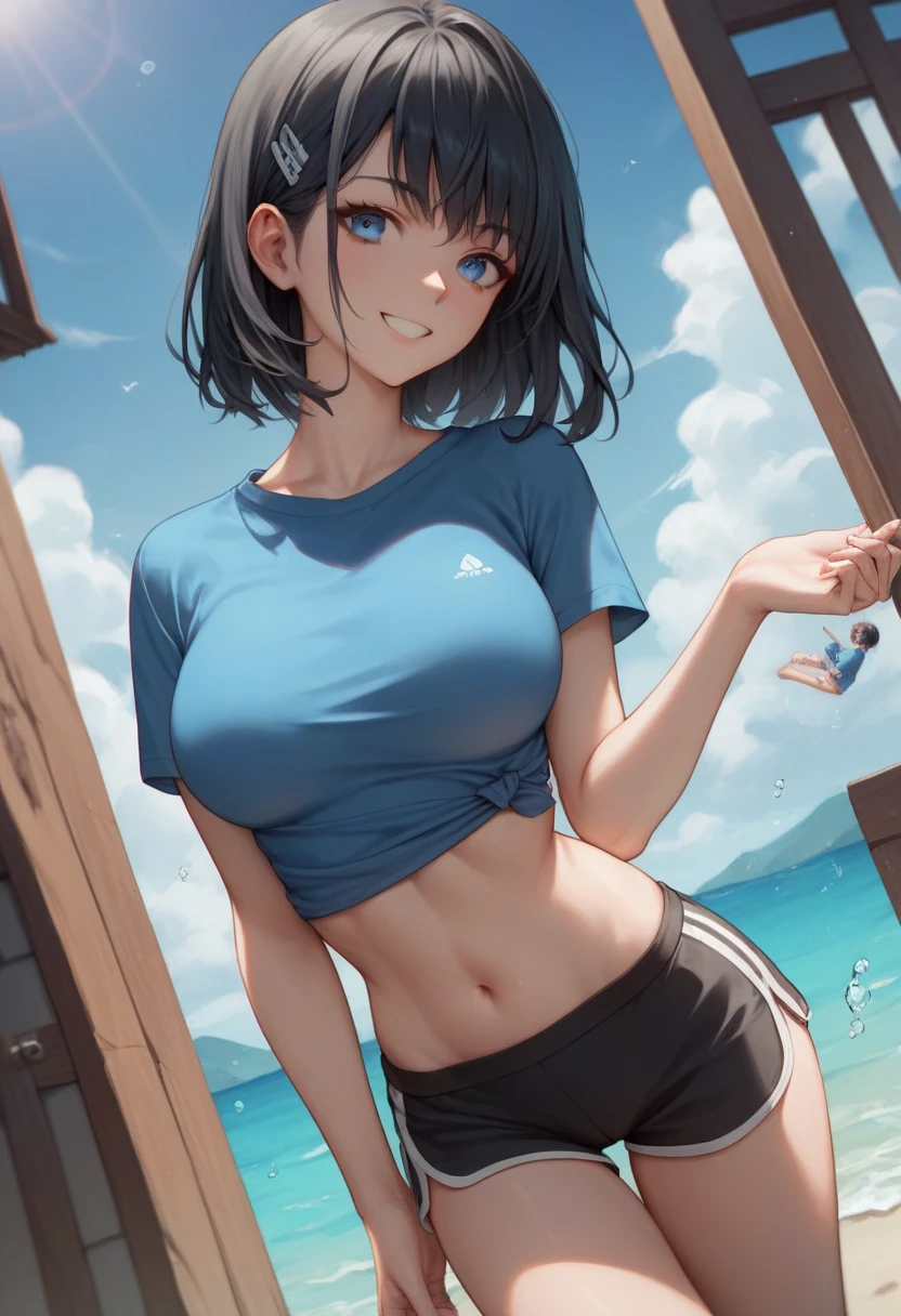 A girl, kneeling on the playground after school, ((full body visible)), far away from viewer.
She is a beautiful, pretty, adorable, cute, young, teen.
She is slim, slender, petite, skinny, (flat chest), (tiny boobs), (small breasts).
She is sweating, wet, soaked. Clothes transparent, sweat on skin, wet hair.
She is grinning, smiling. She looks natural, relaxed, unpretentious.
Trickery face. Making funny faces. (Tongue sticking out), telling a secret, hiding a secret, shy, excited.
She stares, looking at viewer.
She has a black ponytail.
She wears school uniform, a rolled-up white shirt with blue collar,(a colored Corduroy sport bra under shirt), blue shorts, wearing two layers.
shirtlift, . (((She lifts up her shirt, showing off her sports bra underneath))).
Camera focused on her face, light on face, very large aperture, ((f/1.2)), shallow depth-of-field, strong background lens blur, ISO 3000, auto white balance,
Extremely detailed, professional lighting, soft light, raw photo, fashion model for uniqlo,
best quality, masterpiece, award-winning photography, huge filesize, 8k, highres,
shot on Sony DSLR.