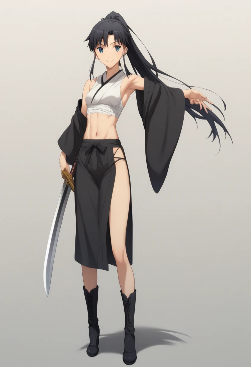   Masterpiece ,  top quality,  Takeuchi Takashi ,  one girl, Long black hair, ponytail,Character portrait,whole body, smiling gently ,Armpits exposed,Navel exposed,grassland,Sword in right hand, is pulling out the sword, holding a sword ,刀のwhole body,Looking at the screen ,Height: 154cm,Momotaro, black miniskirt,Long sleeves,Japanese clothing, lots of exposure,Slim body,Hachimaki with peaches drawn on them ,Thighs, black high-heeled boots with visible toes