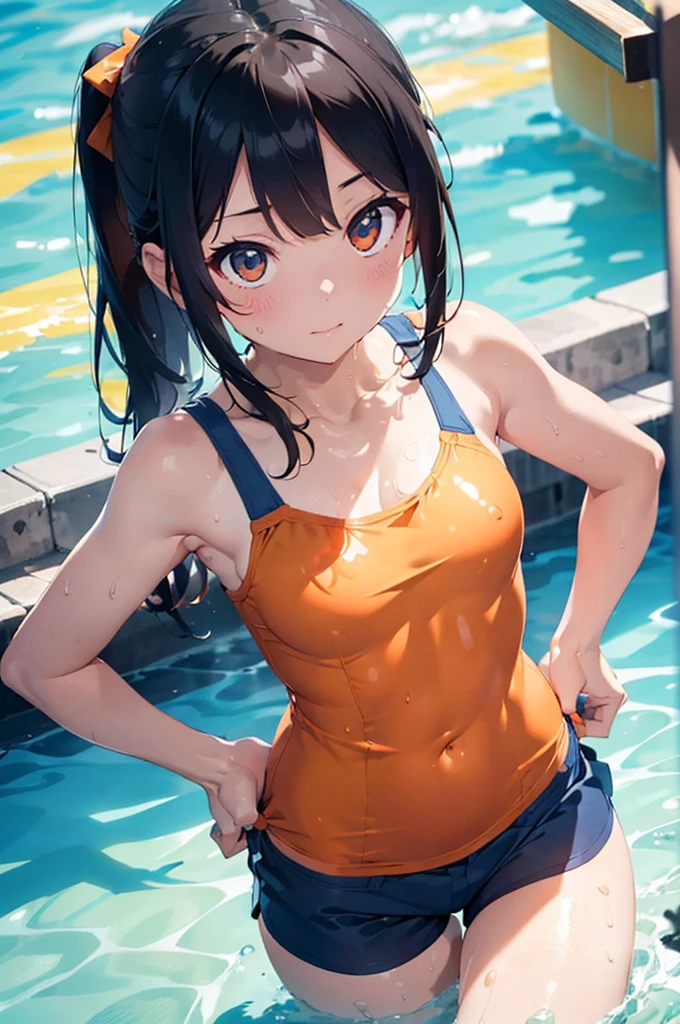Beautiful, Masterpiece, Best Quality, Hiqcgbody, Anime, 1girl, Medium, Cat-eared Girl,Olympic Swimmer, Transparent and Red Swimsuit, Portrait Shot, View View, Partially Submerged, Outdoor pool, (Silver-haired),(Cat ears),Ponytail,Wet Skin, Intricate Details,>,((Covered)