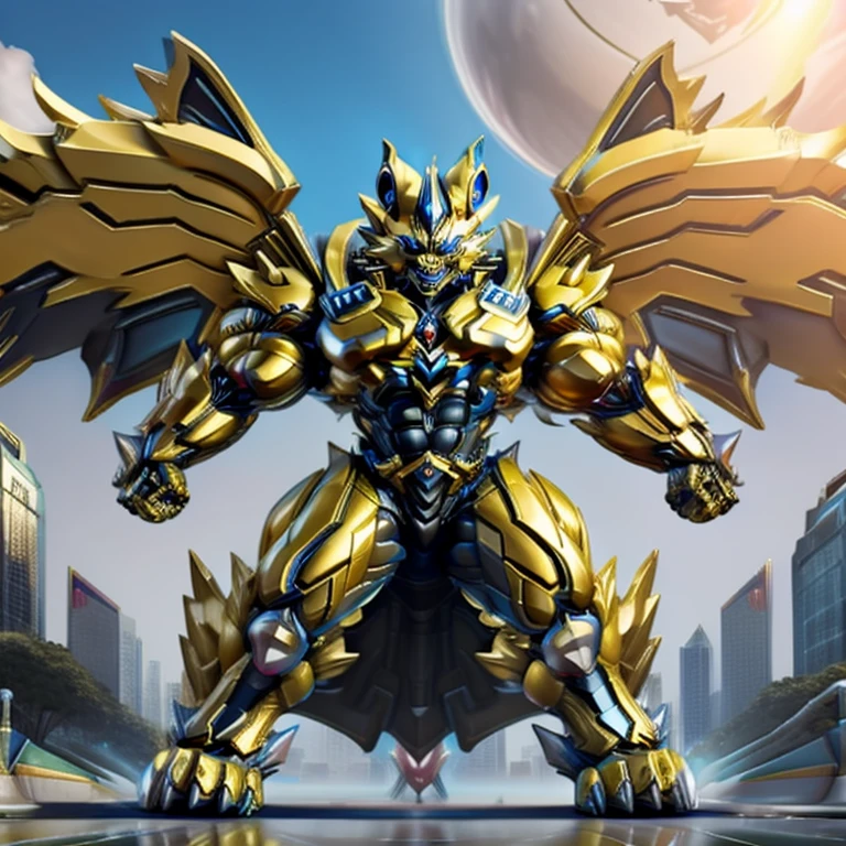 (ZERAORA, 8K), (Zeraora's titanic robot, Powered exoskeleton with the same design as Zeraora, muscular and massive), (Masterpiece, ultra-highres) (Immensely detailed full-body view, defined head, chest, arms, legs, and tail, hyper-defined abs, towering figure) (colossal and gargantuan muscles, Gigachad-level muscularity, gigantic pecs, oversized triceps, hulking traps, incomprehensibly developed muscular frame, body teeming with colossal muscles, monstrously exaggerated muscle mass) (nj5furry, razor-sharp claws, ferocious teeth, claws built for devastation), (elongated, muscular legs), (Enormous wings spanning the horizon, golden wings that block the sun), (Radiating colossal power with metallic brilliance, clad in a skyscraper-sized cyberpunk mecha, intricate metallic armor emphasizing muscle size, advanced cyborg design towering over cities), menacing pose, with an arrogant and overpowering expression, destroying a sprawling metropolis.
"highly detailed," "ultra-detailed," "hyper-defined", "crisp details"