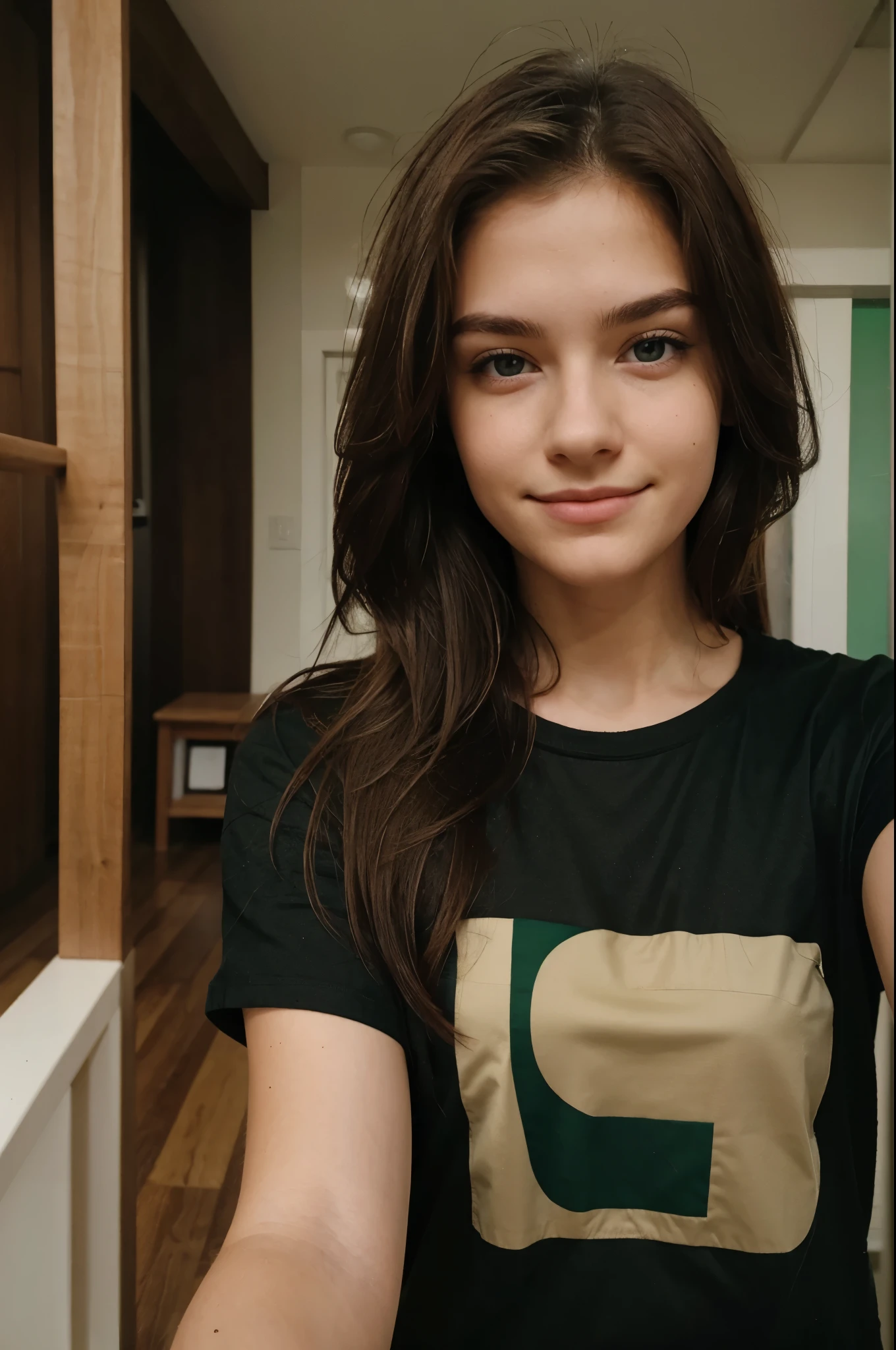 18 years old, selfie, green eyes, brown hair, long black t shirt, smirk