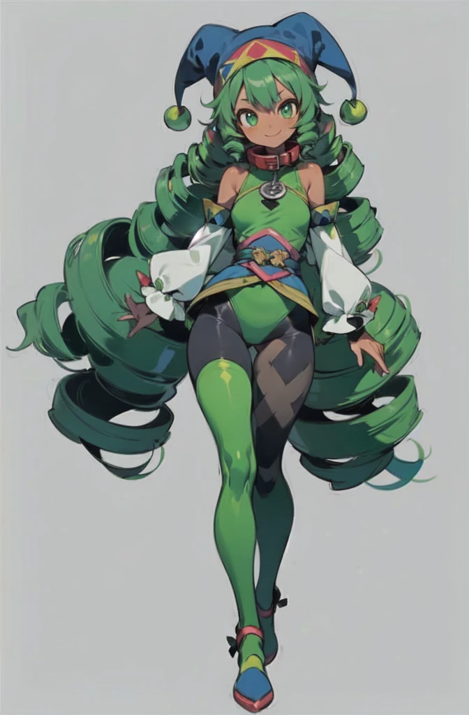 (masterpiece, ultra-detailed, high resolution, best quality:1.2), (anime, simple background, plain background, RPG character, concept art), (full body, 1girl, (loli:1.4)), ((wave drill hair:1.2), long wavy drill hair that flows down to the waist, green hair), (dark skin:1.5), (full body tights:1.5), (bare shoulders, her arms have long false sleeves, puffy cuffs), (tight fitting clothes), (medieval Jester outfit:1.2), (jester hat:1.2), (Blue-Green outfit), (cute smile, green eyes, collar, thick thighs)