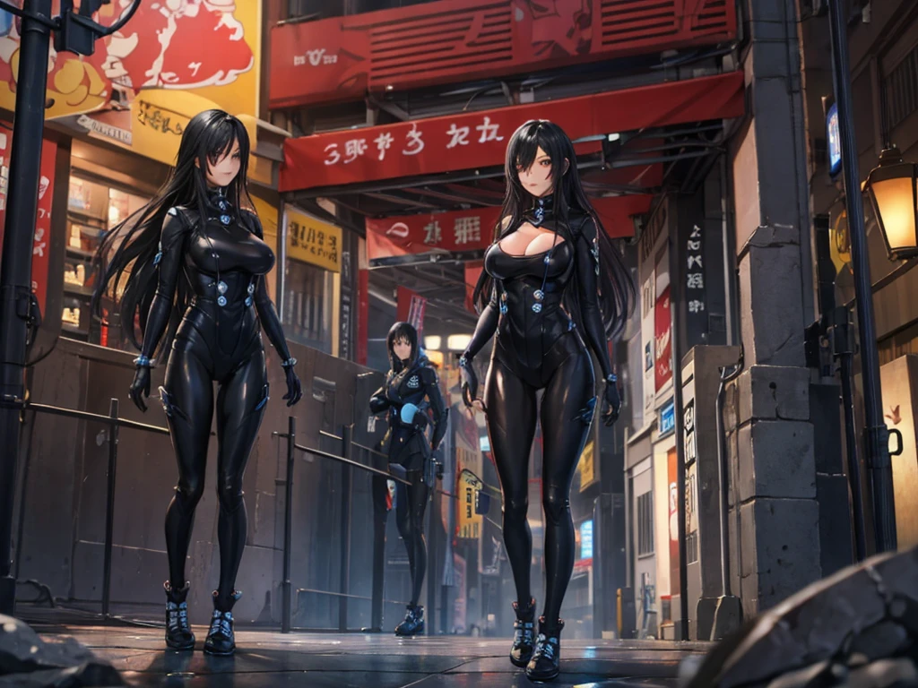 Reika Shimohira、Gantz、Reika Shimohira、beautiful face、1 girl、big breasts、elegant adult woman、beautiful woman、GANTZ、outstanding style、No exposure、full body suit、full body fit suit、luster、night、city、open the thighs