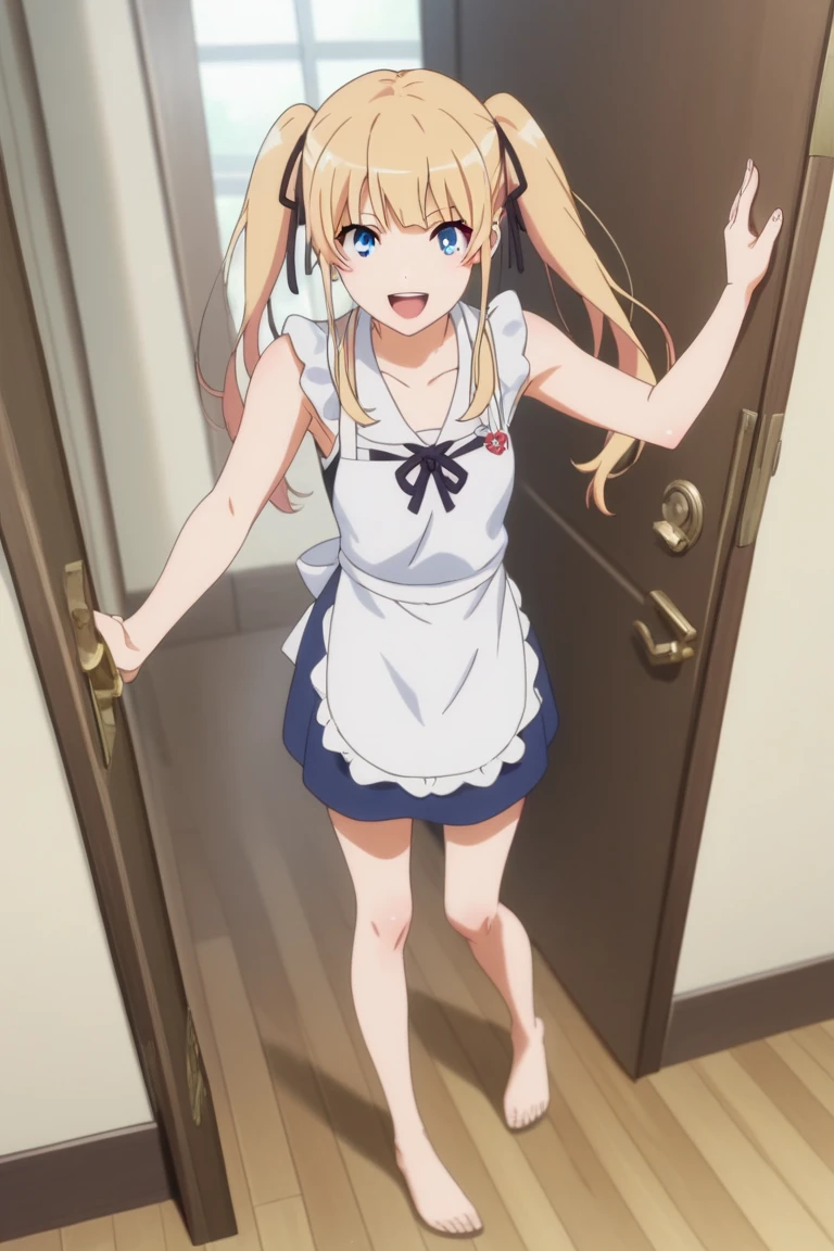 1girl,Eriri blonde hair,blue eyes,sawamura spencer eriri,long hair, twintails,black ribbon, small breast,      High Resolution, Masterpiece, High Quality,  anime screencap,  dynamic angle, takeda hiromitsu style,       happy, doorway, greeting, contemporary apartment, apron, pov, smile, sleeveless, feet, barefoot, full body