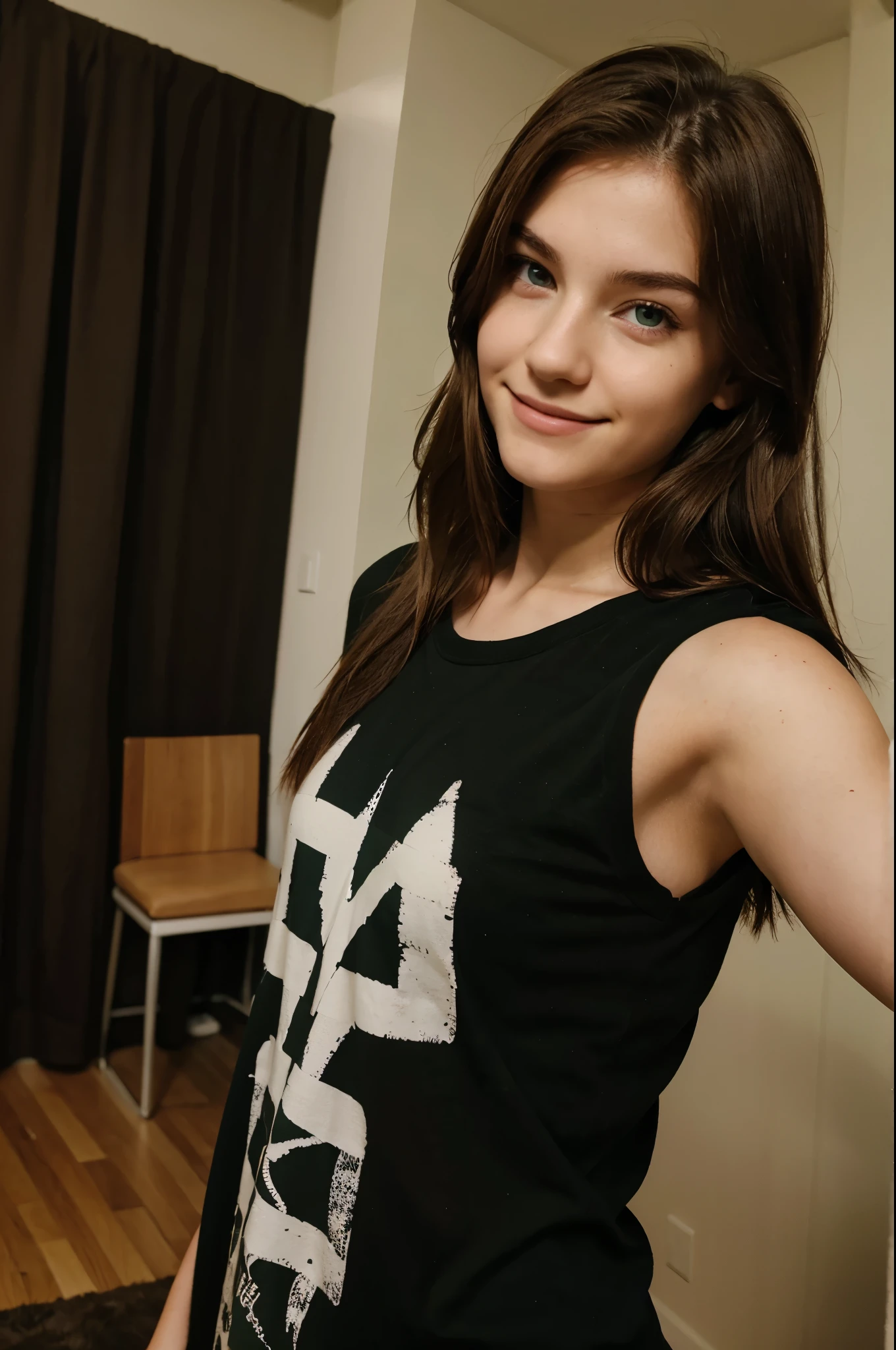 18 years old, selfie, green eyes, brown hair, long black t shirt, smirk