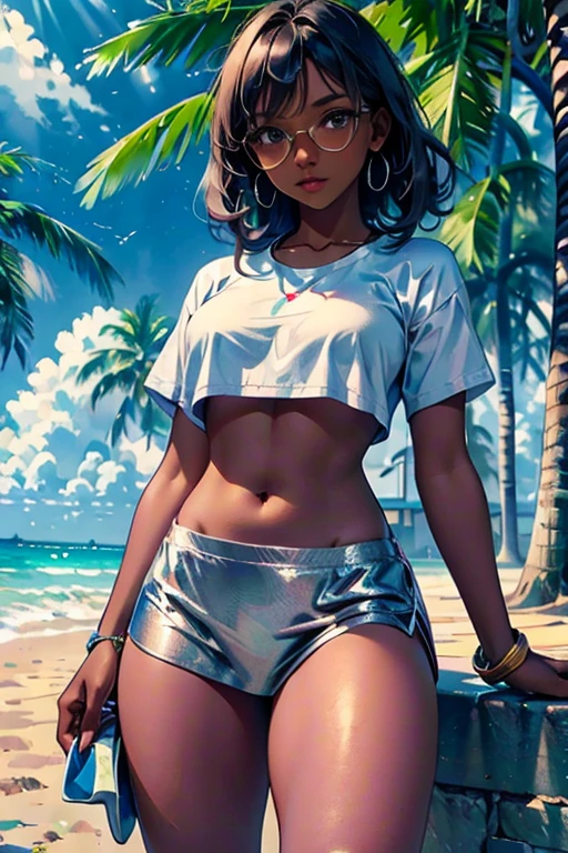 Young ,   dark skin with long curly black hair  , wearing micro bikinis on the beach  , smiling for a photo,   seen from below under bright sun and a border with coconut trees in the background ((  best quality)) ((detailed)) 