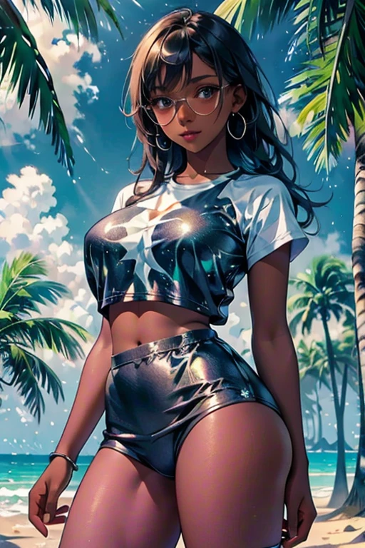 Young ,   dark skin with long curly black hair  , wearing micro bikinis on the beach  , smiling for a photo,   seen from below under bright sun and a border with coconut trees in the background ((  best quality)) ((detailed)) 