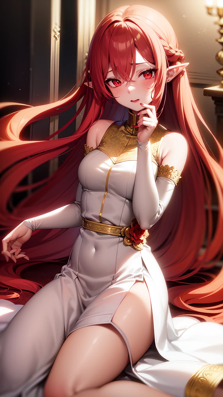 Young girl, long red hair, yellow eyes, white and red Chinese dress, tight dress, tight sleeves, tights, shorts, masterpiece, high quality