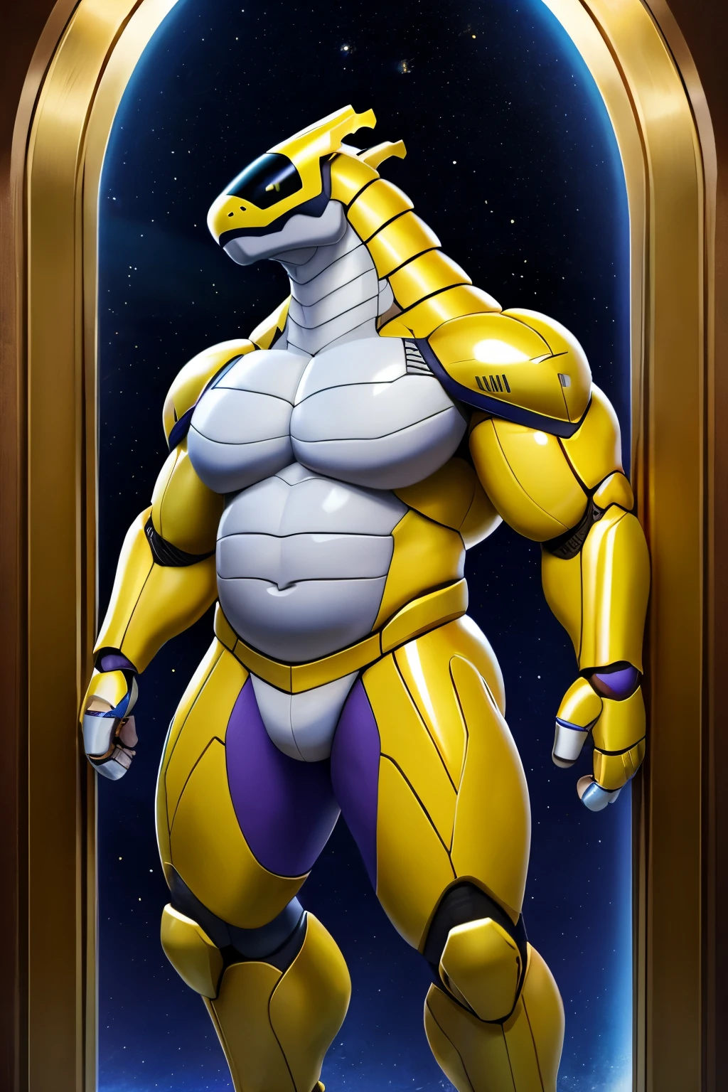 (synth \(vader-san\):1.1), synthbod, full-length portrait, (male:1.1), front view, standing, heavily musclegut upper body (large pectoral muscles, shoulders, arms, and well defined obese abdominal), show off his arms, (glistening body:1.1), purple body, (yellow body:1.1), green eyes, metallic body, reflective body, 4 fingers, standing in space station, best quality, good quality