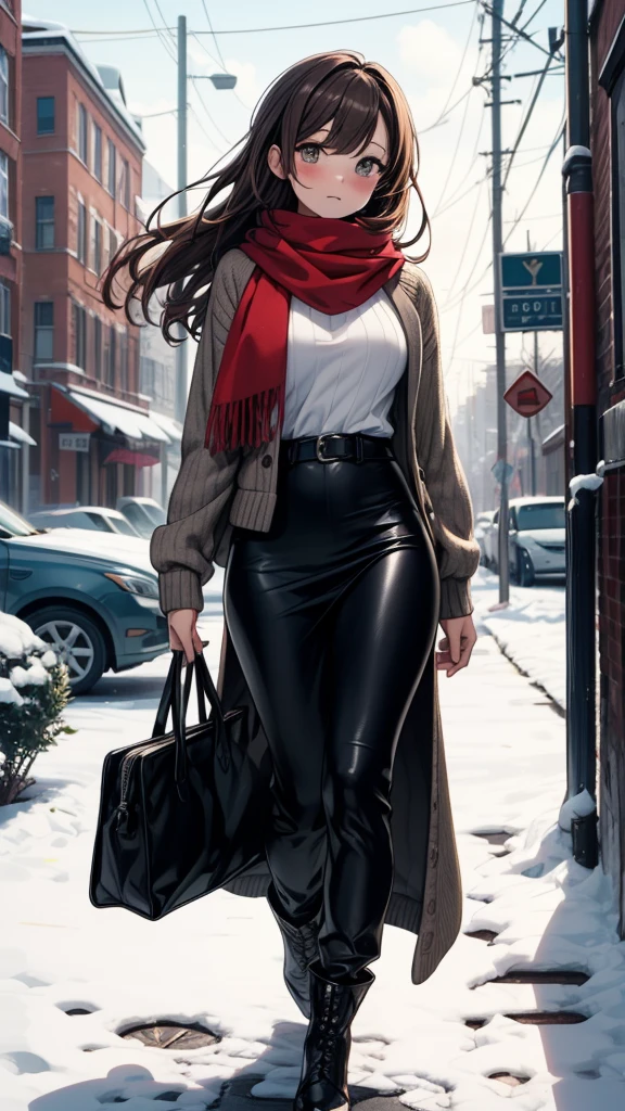 ((masterpiece, best quality:1.3, high detail)), beautiful woman, looking at viewer, long hair, (dark brown hair), full-face blush, solo focus, one person, (white sweater, red scarf, (long black skirt)), long pencil skirt, leggings, boots, outdoors, (cloudy sky, snow), (lower body), (realistic), (realism), (ultra detailed), park, tree,