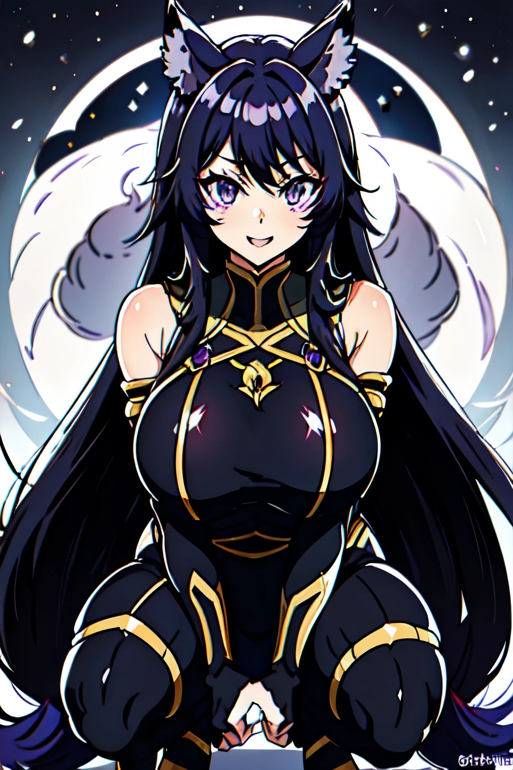 delta, facial mark, purple eyes, large breasts, black long hair, tail, tail ornament, black body suit, huge breast, squatting, legs apart, captivating pose, looking at viewer, night, full moon, blush, :d, fang, smirk, closed lips, cameltoe