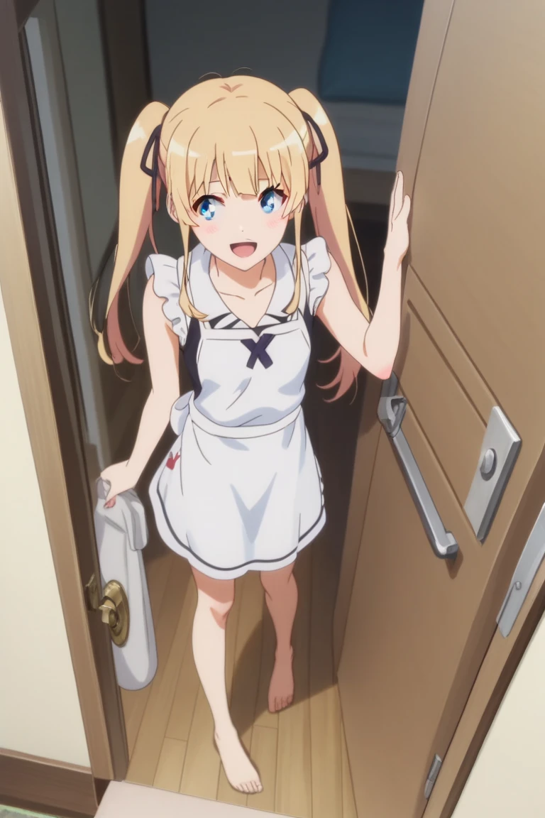 1girl,Eriri blonde hair,blue eyes,sawamura spencer eriri,long hair, twintails,black ribbon, small breast,      High Resolution, Masterpiece, High Quality,  anime screencap,  dynamic angle, takeda hiromitsu style,       happy, doorway, greeting, contemporary apartment, apron, pov, blush, sleeveless, feet, barefoot, full body, looking away, shy