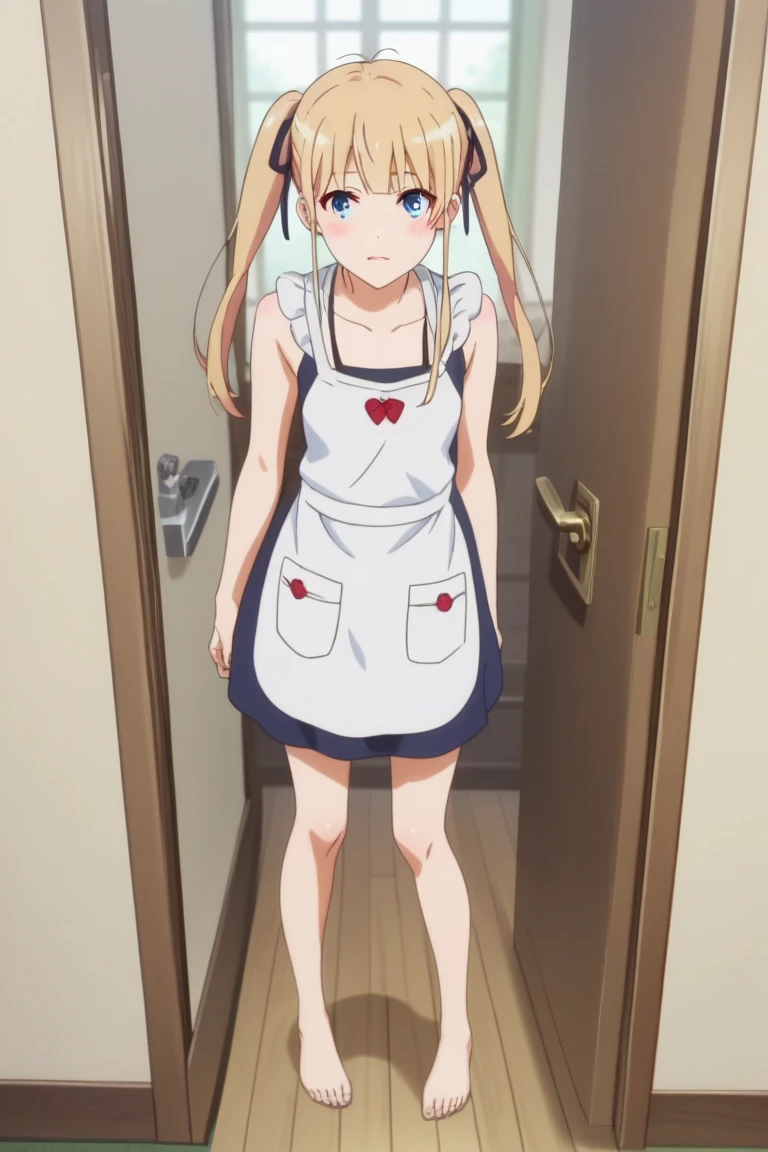 1girl,Eriri blonde hair,blue eyes,sawamura spencer eriri,long hair, twintails,black ribbon, small breast,      High Resolution, Masterpiece, High Quality,  anime screencap,  dynamic angle, takeda hiromitsu style,       happy, doorway, greeting, contemporary apartment, apron, pov, blush, sleeveless, feet, barefoot, full body, looking away, shy