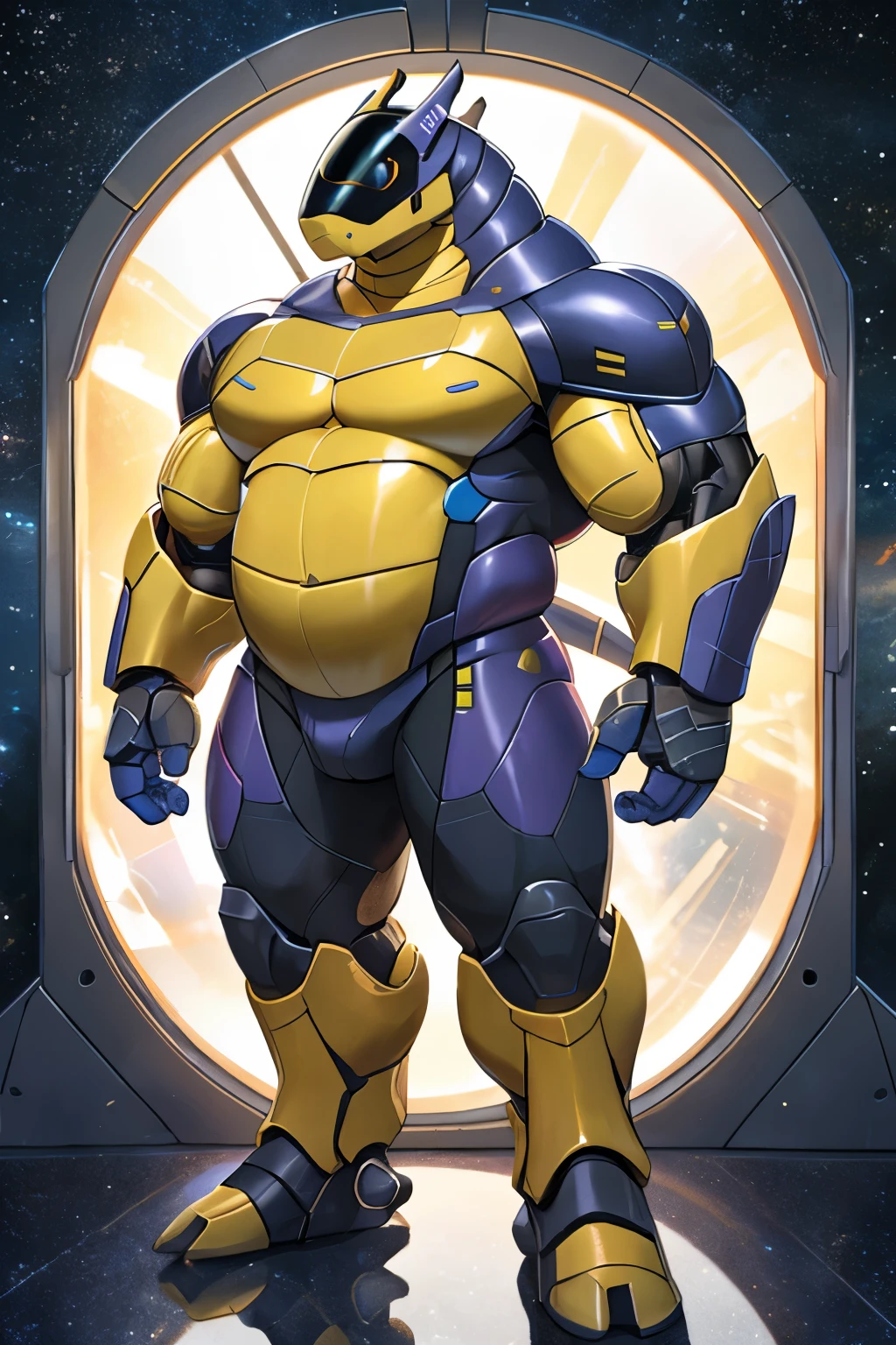 (synth \(vader-san\):1.1), synthbod, ((full body)),  (male:1.1), front view, standing, heavily musclegut upper body (large pectoral muscles, shoulders, arms, and well defined obese abdominal), show off his arms, (glistening body:1.1), purple body, (yellow body:1.1), green eyes, metallic body, reflective body, 4 fingers, standing in space station, best quality, good quality