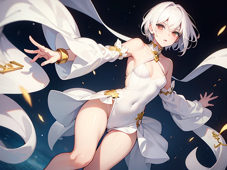 1 female、Silver Hair、Short Hair、Slightly curly hair、White leotard、Wearing a white cloak and hood、Long gloves in white、White long boots、Gold bracelets on both hands、Wear protective glasses、Black trim on clothes、Fire effect、high resolution、high quality、masterpiece、detailed、